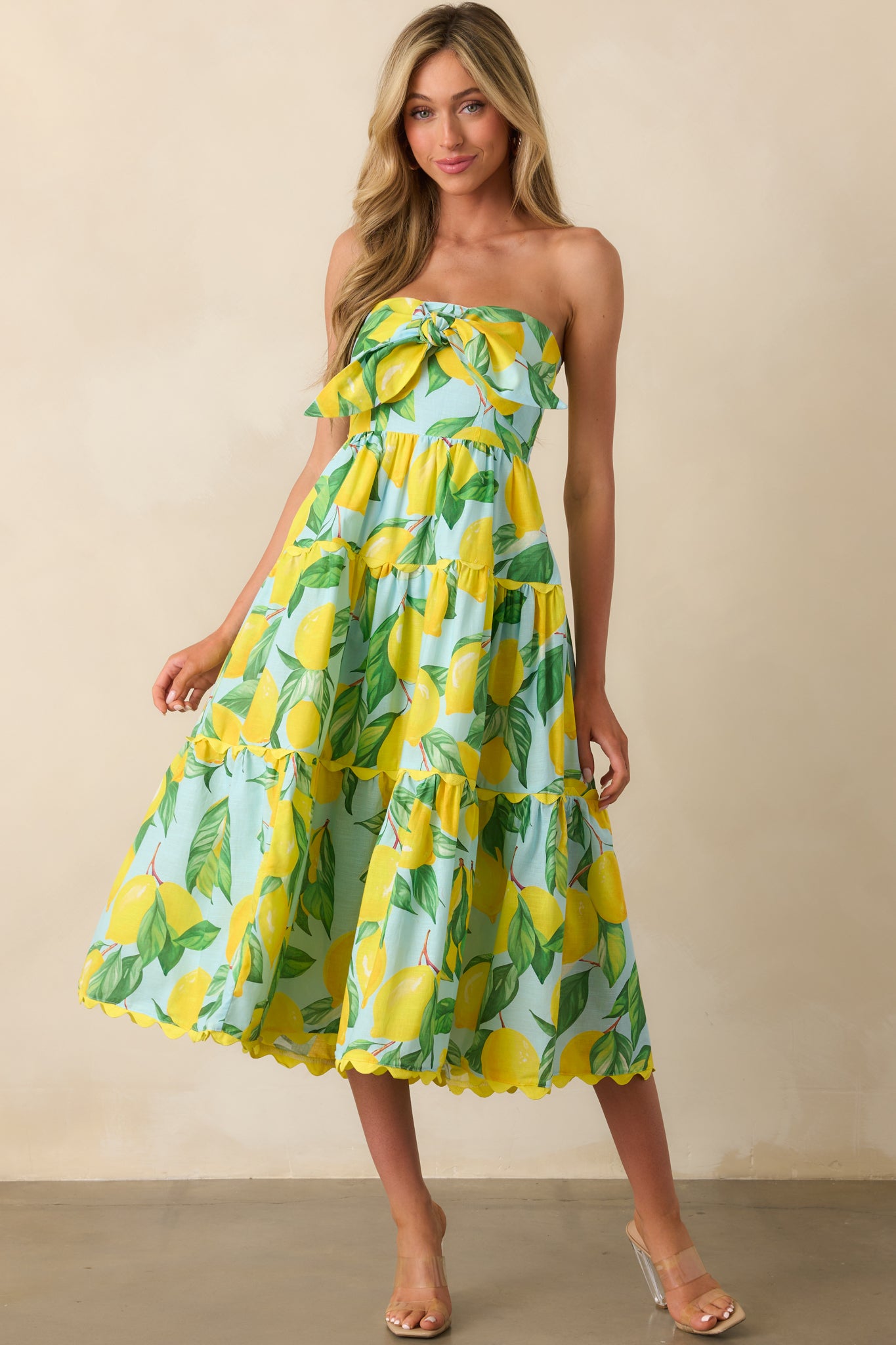Prosperina Elena Blue Lemon Print Linen Strapless Midi Dress
