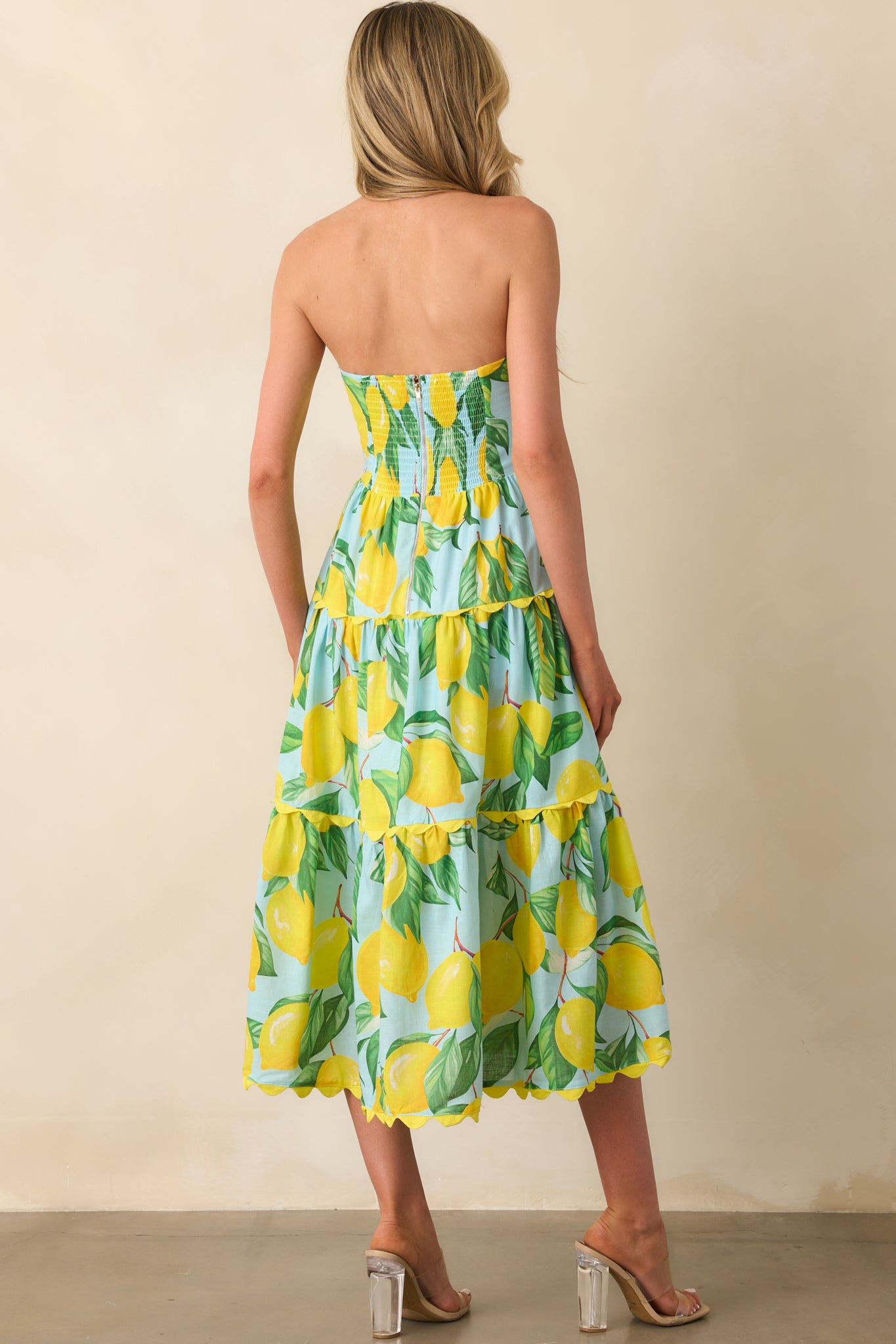 Prosperina Elena Blue Lemon Print Linen Strapless Midi Dress