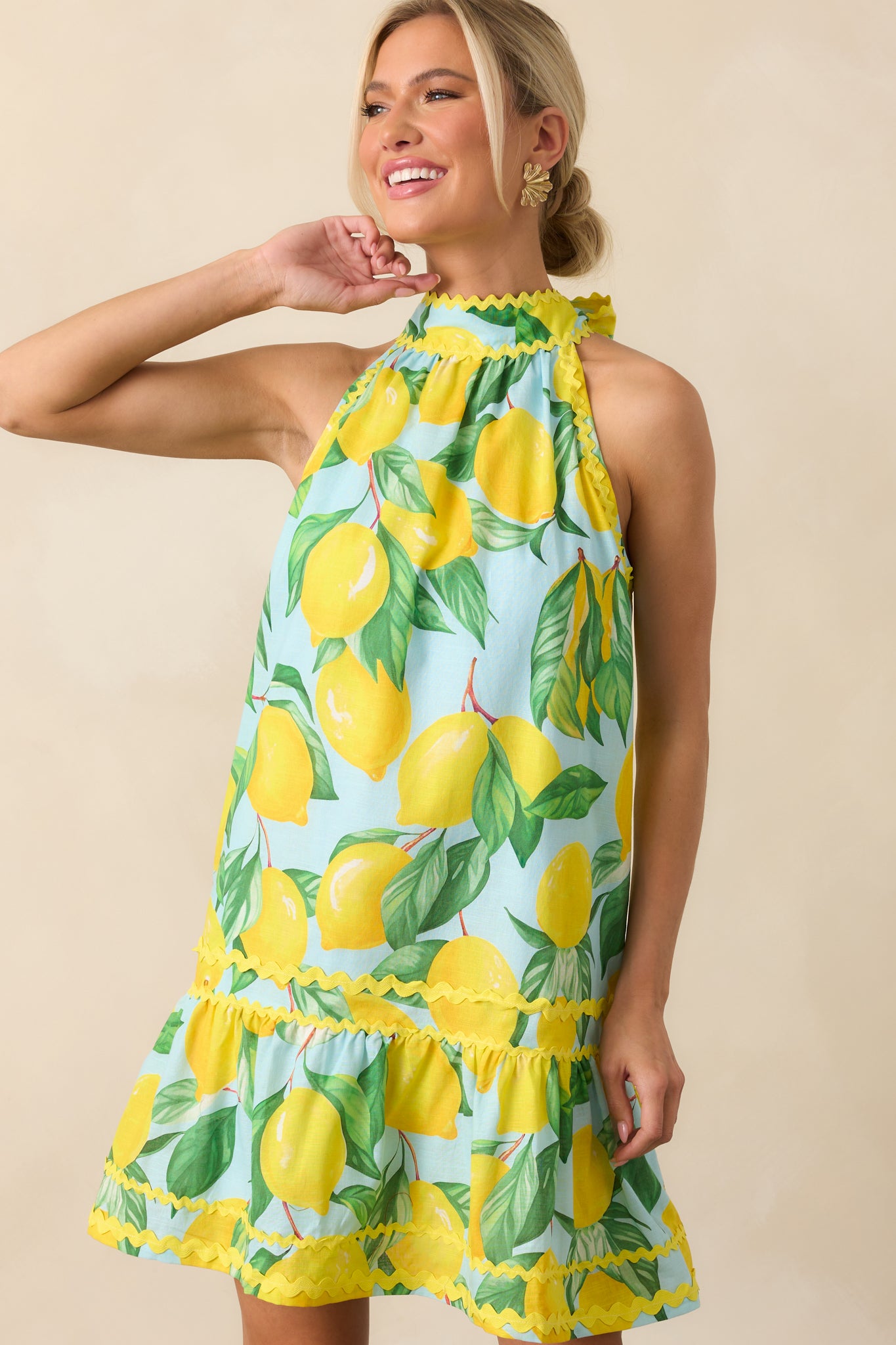 Prosperina Simone Blue Lemon Print Cotton Halter Mini Dress