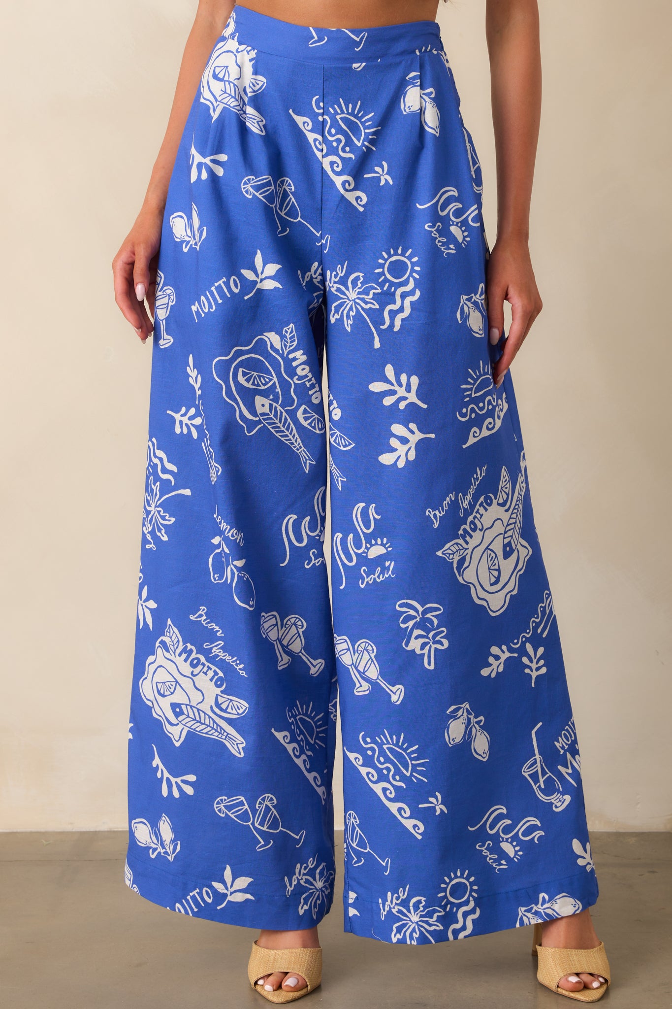 Royal Blue Mojito Print Linen Wide Leg Pants - All Bottoms | Red Dress Royal Blue Mojito Print Linen Wide Leg Pants - All Bottoms | Red Dress