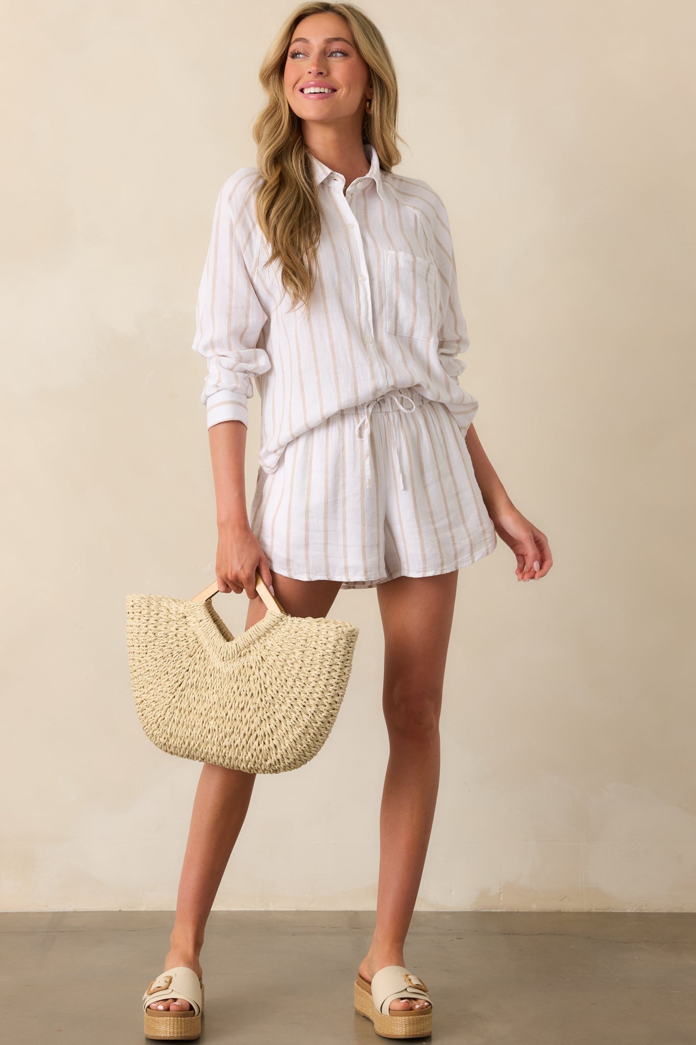 Z Supply Beige Perfect Linen Striped Shorts Z Supply Beige Perfect Linen Striped Shorts