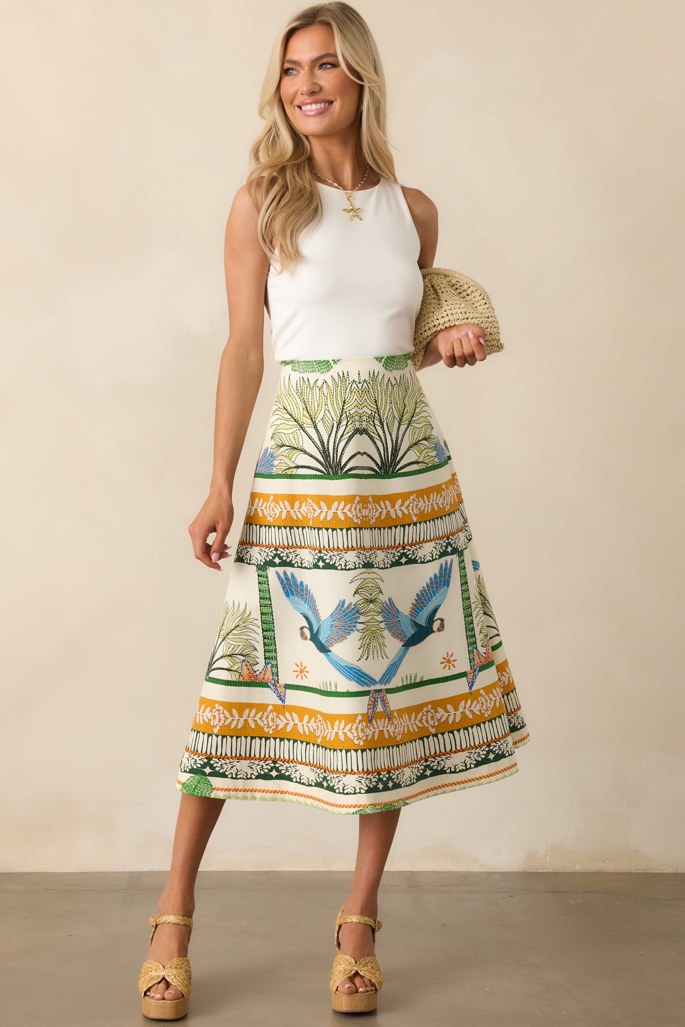 Full-length image highlighting the a-line silhouette and flow of the 100% cotton fabric.