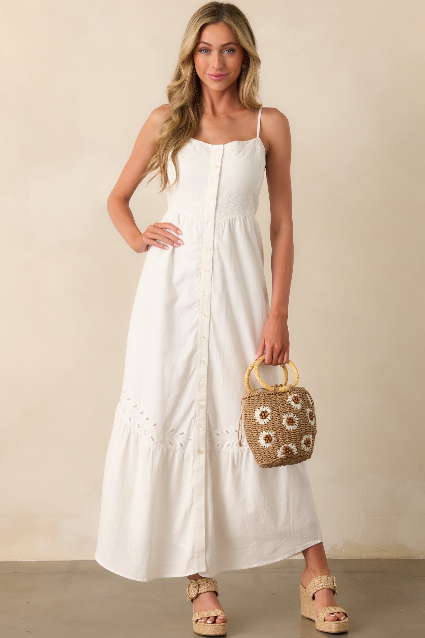 White maxi dress with a scoop neckline and button-front detail, featuring delicate eyelet embroidery throughout.