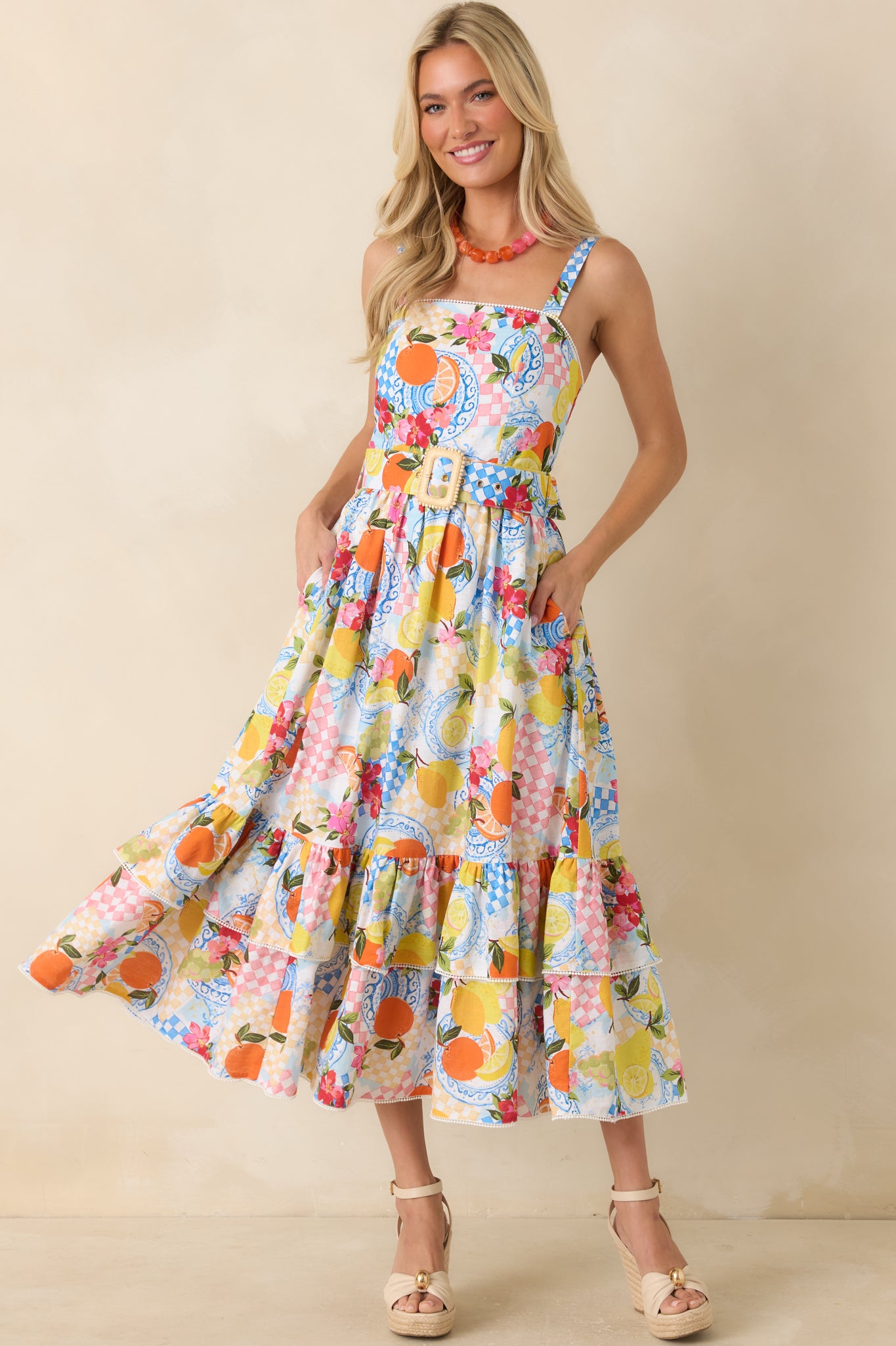 Multi citrus print midi dress featuring a removable matching belt with a statement buckle that defines the waist.