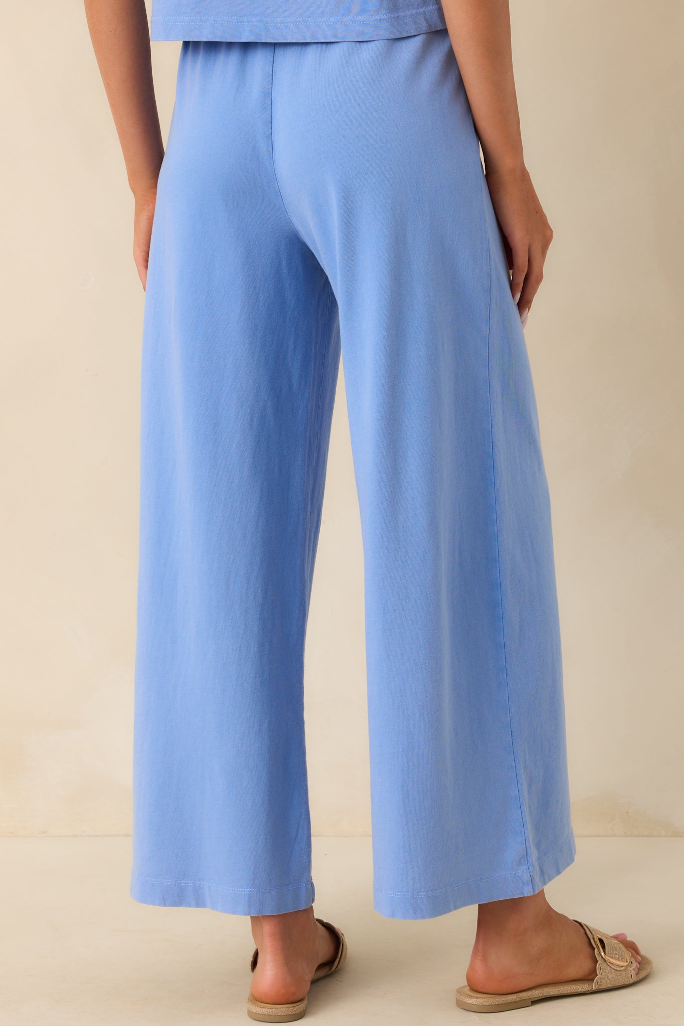 A view from behind of the light blue pants, showing the high rise fit, relaxed silhouette, and wide leg shape from the back.