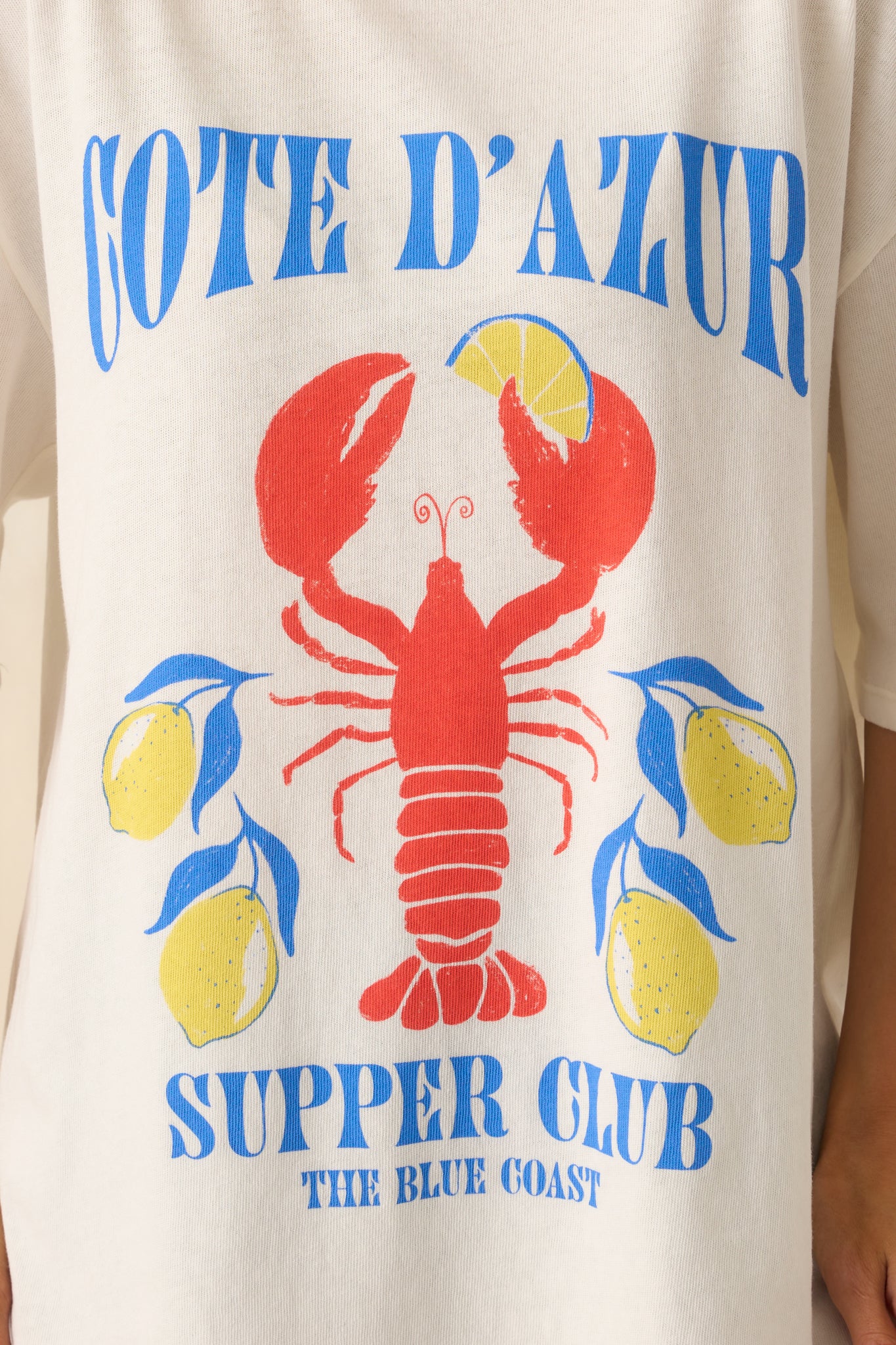 Zoomed-in detail of the screen print showing the distressed vintage texture of the lobster graphic and the font styling of the text.