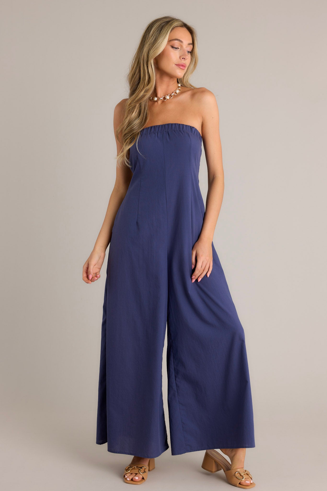 Navy Strapless Wide Leg Jumpsuit - All Clothing | Red Dress Navy Strapless Wide Leg Jumpsuit - All Clothing | Red Dress