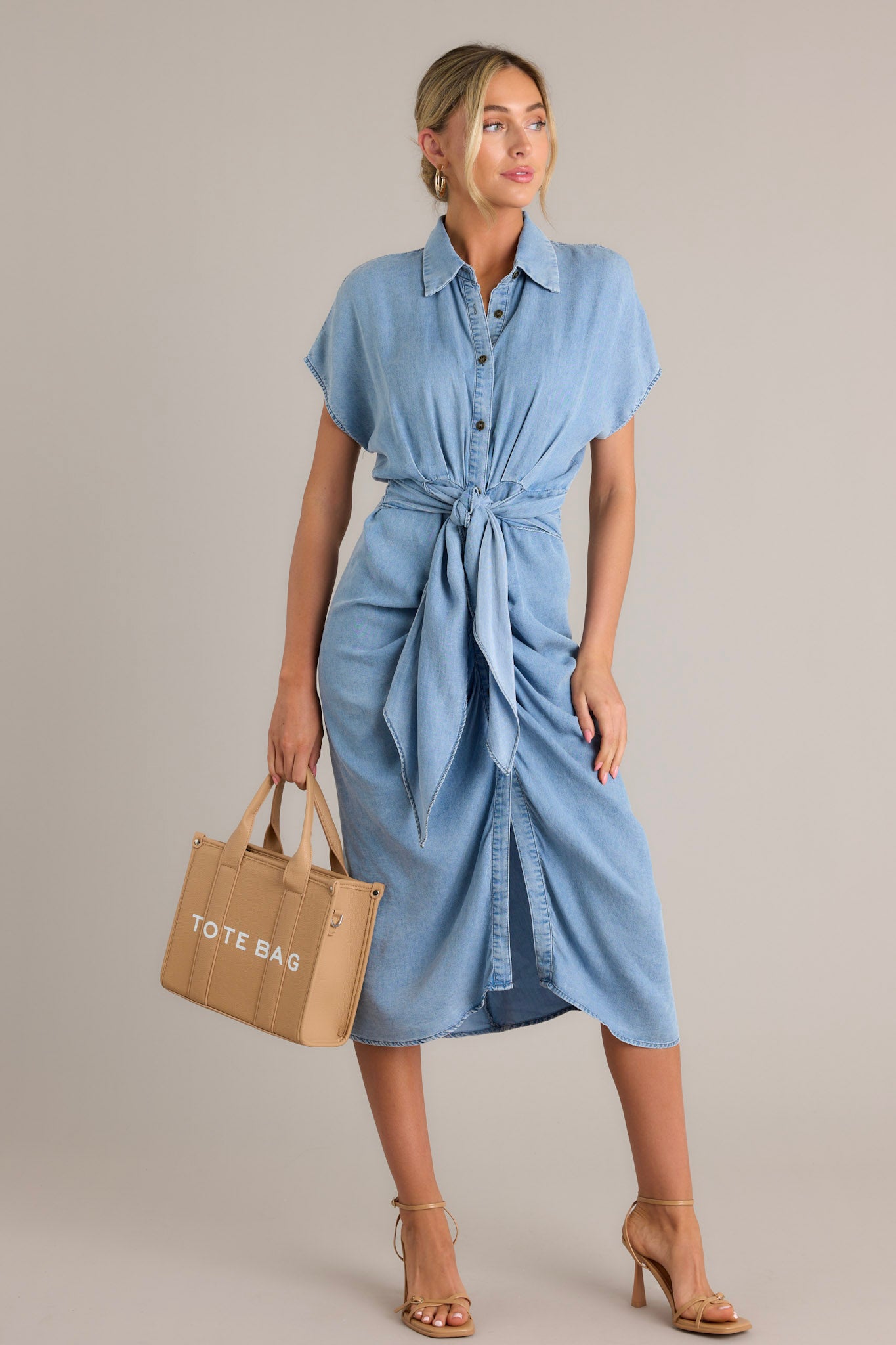 midi chambray dress Chambray Button Front Midi Dress - All Dresses