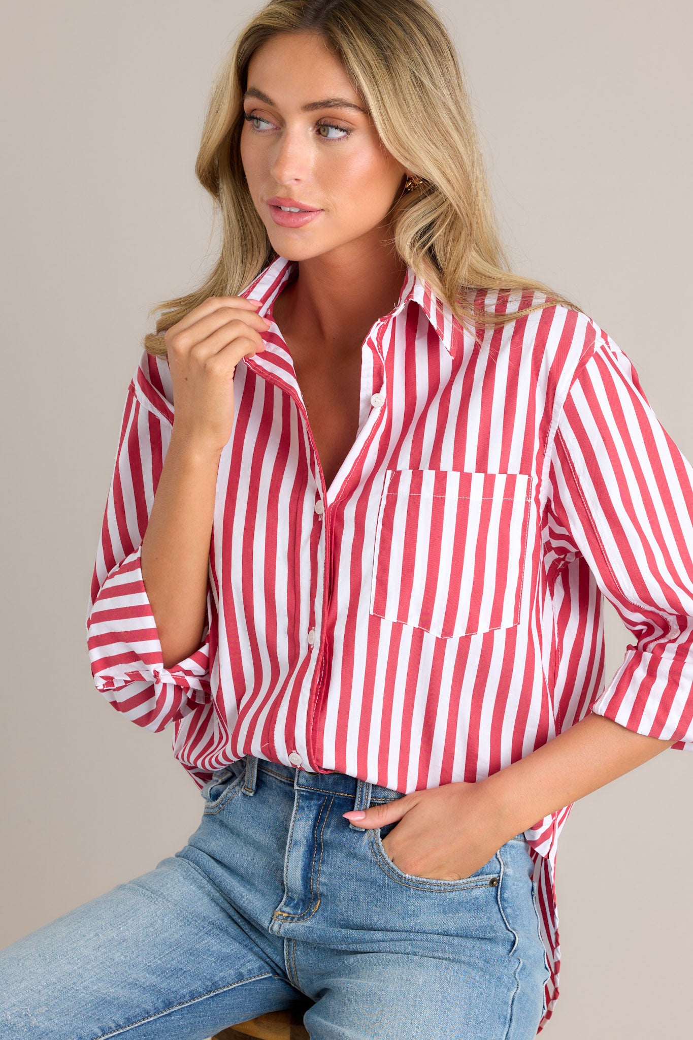 Your Go-To Red Stripe Button Front Top - Main Image