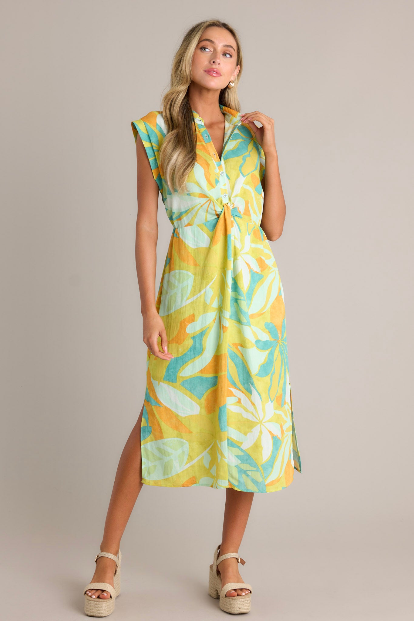 Lime Green Tropical Print Midi Dress - All Dresses | Red Dress Lime Green Tropical Print Midi Dress - All Dresses | Red Dress
