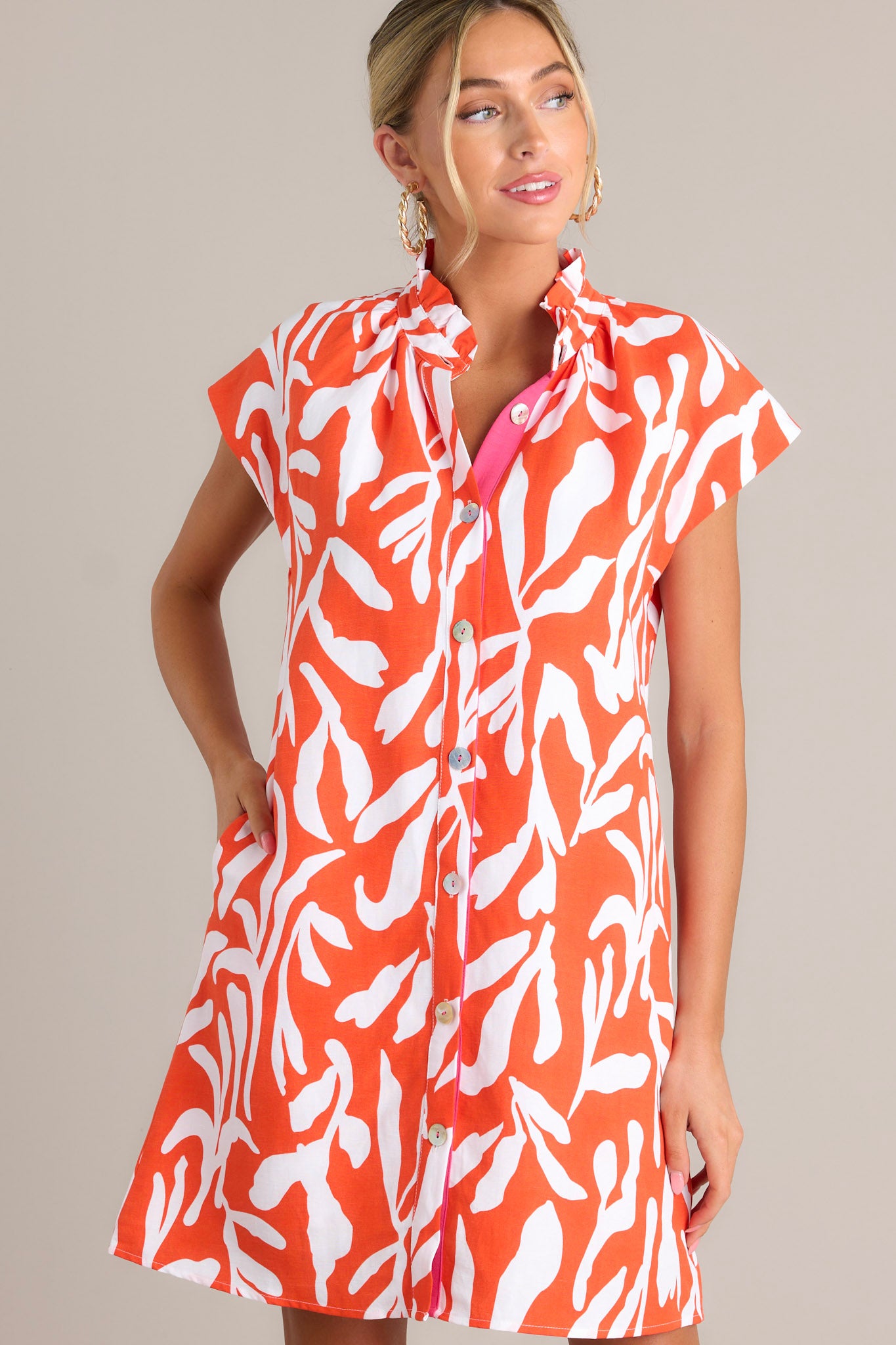 orange floral dress short Orange Floral Cotton Short Sleeve Dress - Mini Dresses