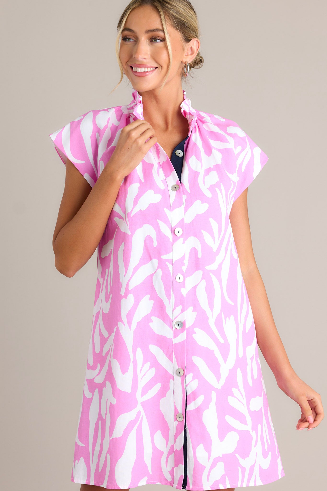 pink abstract mini dress High Neck Open Back Beach Mini Dress In Pink Abstract Print | EGO US