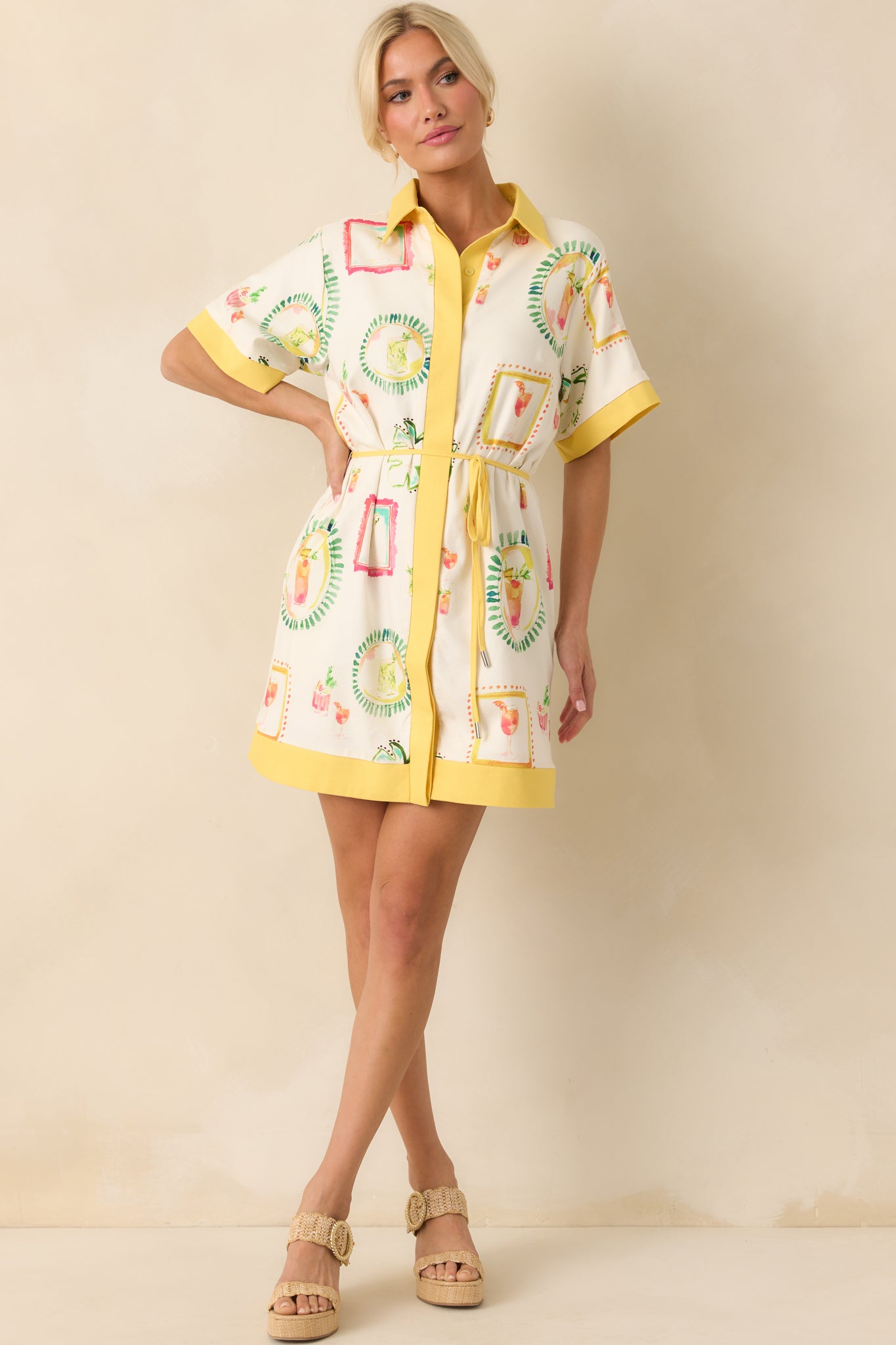 Ivory Cocktail Print Linen Blend Dress - Mini Dresses | Red Dress Ivory Cocktail Print Linen Blend Dress - Mini Dresses | Red Dress