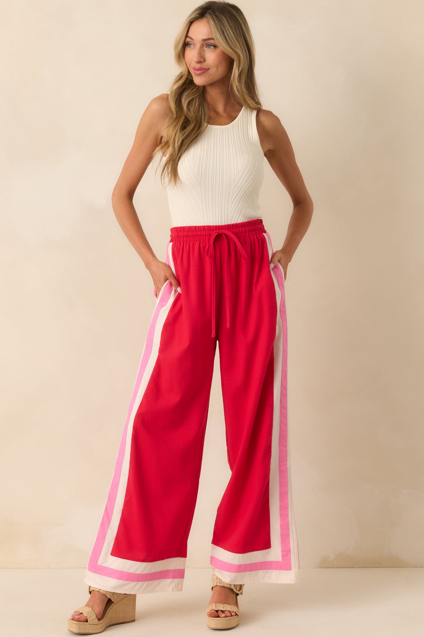 Silk Wide Legged Red Pants Red Linen Blend Wide Leg Pants Two
