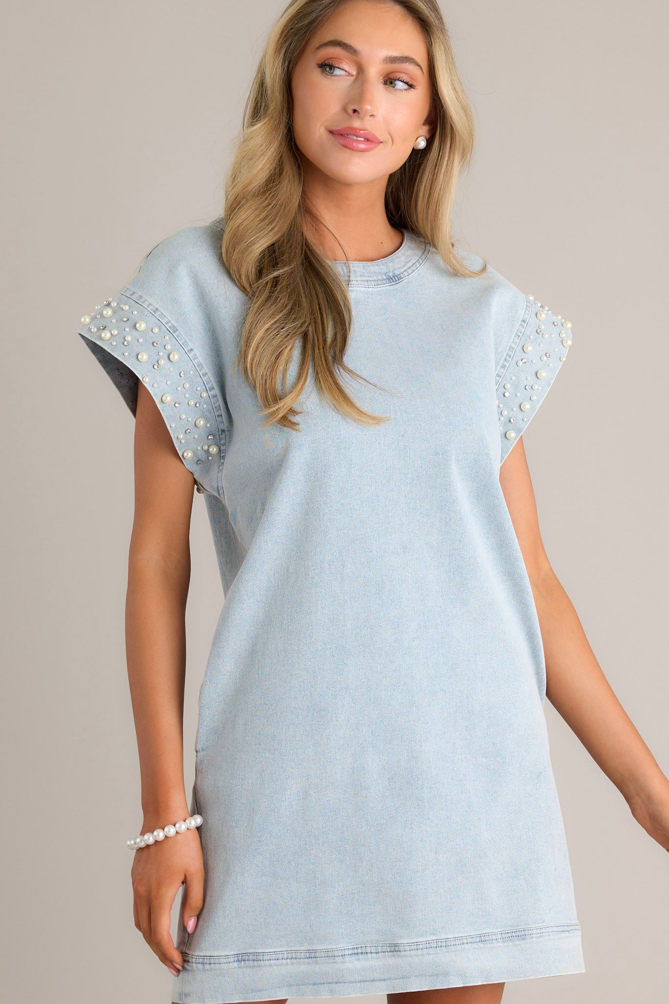 Light Wash Cap Sleeve Mini Dress - Short Sleeve Dresses | Red Dress Light Wash Cap Sleeve Mini Dress - Short Sleeve Dresses | Red Dress