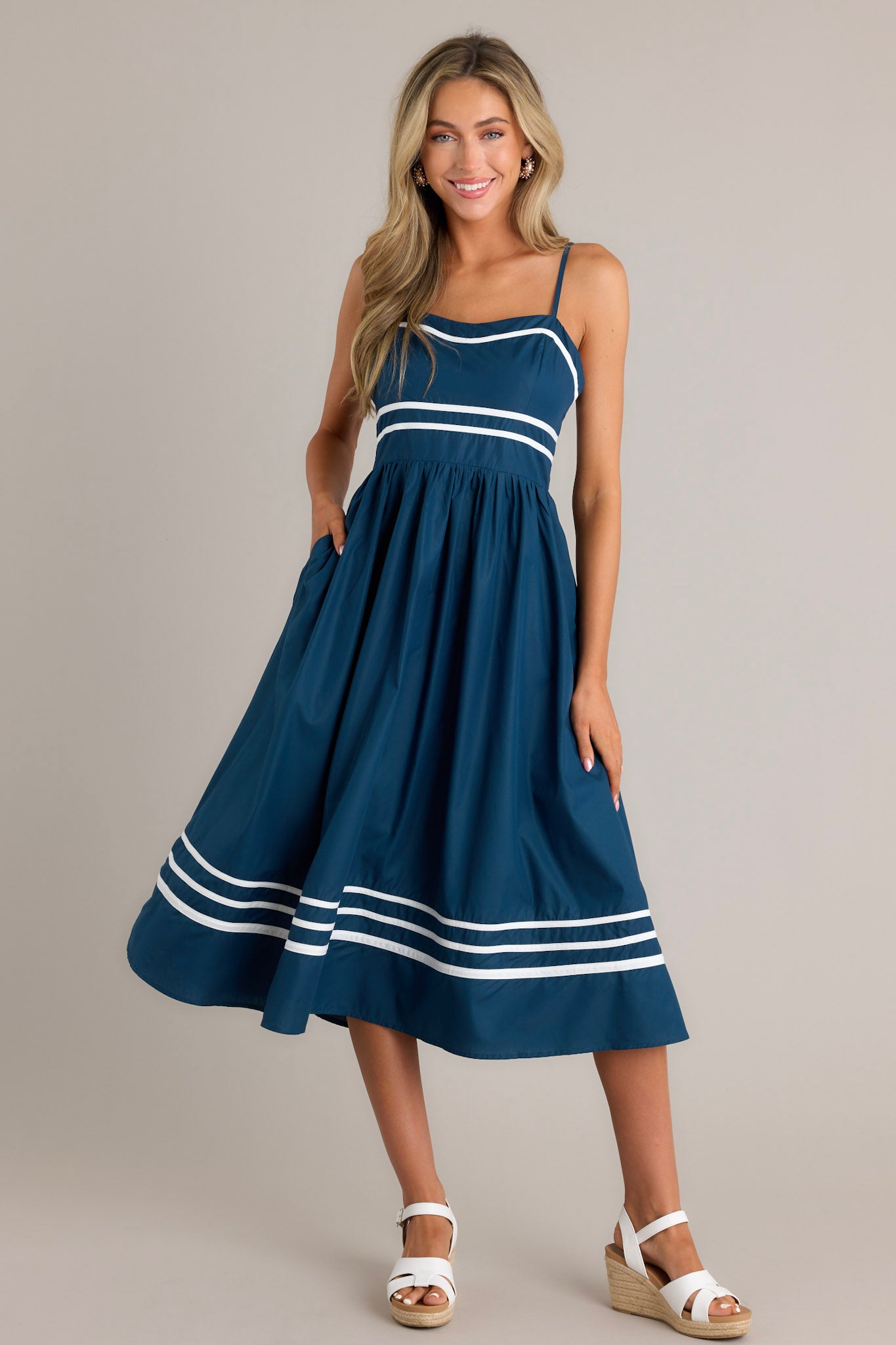 Navy Cotton Blend Midi Dress - All Dresses | Red Dress Navy Cotton Blend Midi Dress - All Dresses | Red Dress