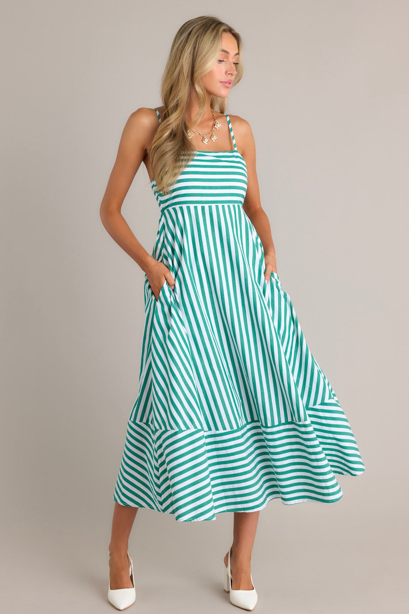 Serene Stunner 100% Cotton Green Stripe Midi Dress Serene Stunner 100% Cotton Green Stripe Midi Dress
