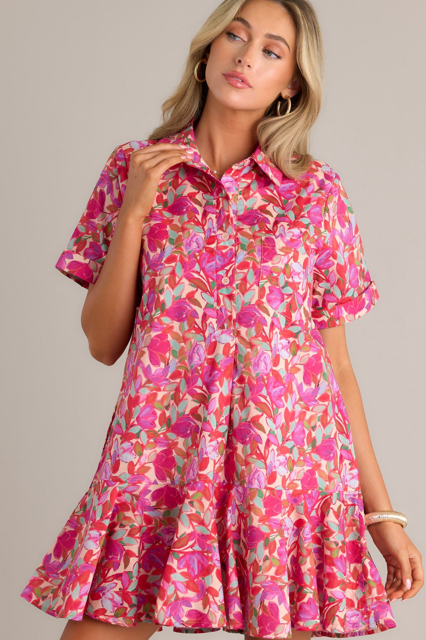 100% Cotton Pink Floral Mini Dress - Short Sleeve Dresses | Red Dress 100% Cotton Pink Floral Mini Dress - Short Sleeve Dresses | Red Dress