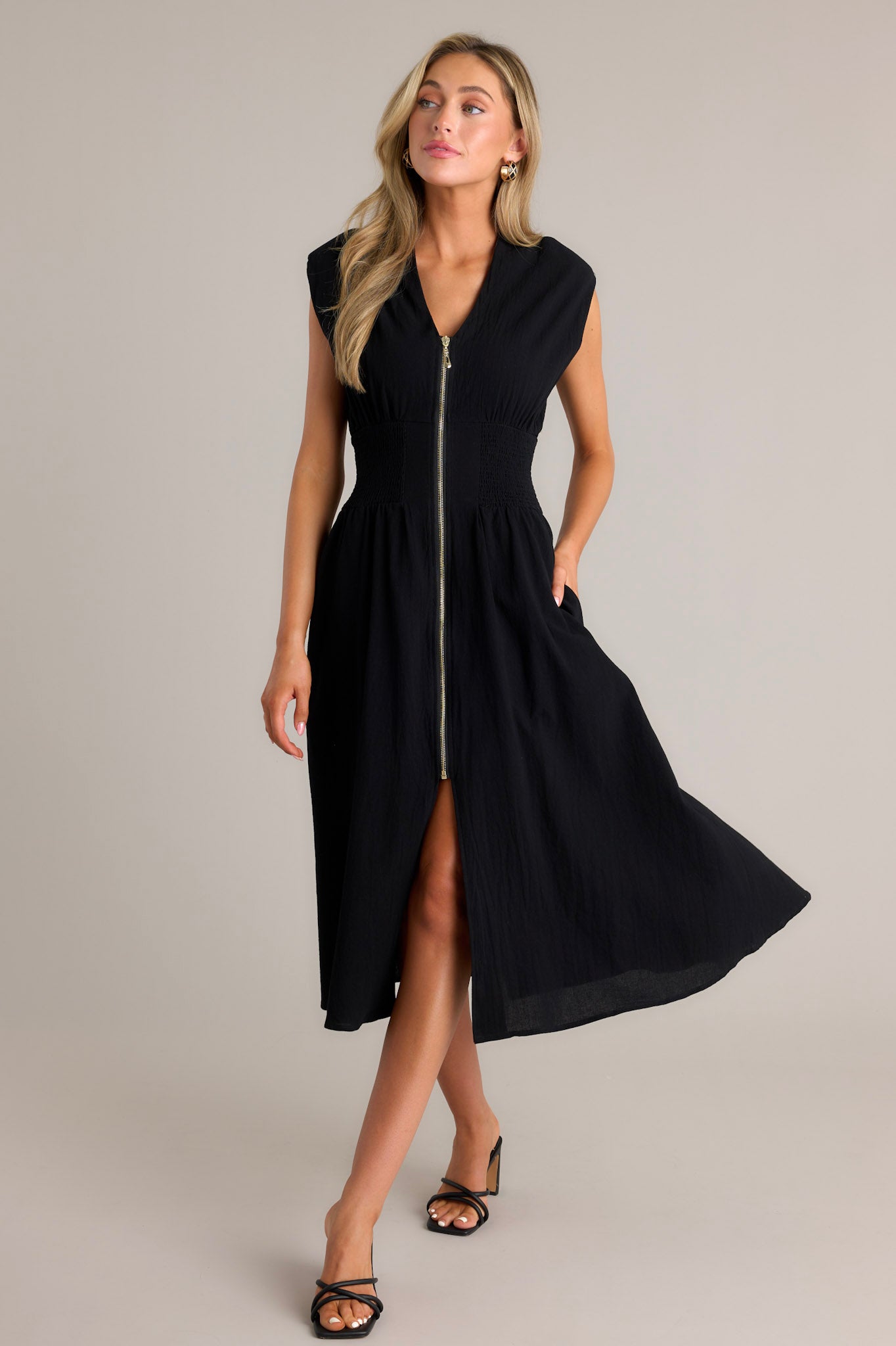 Zipper Front Black 100% Cotton Midi Dress - All Dresses | Red Dress Zipper Front Black 100% Cotton Midi Dress - All Dresses | Red Dress