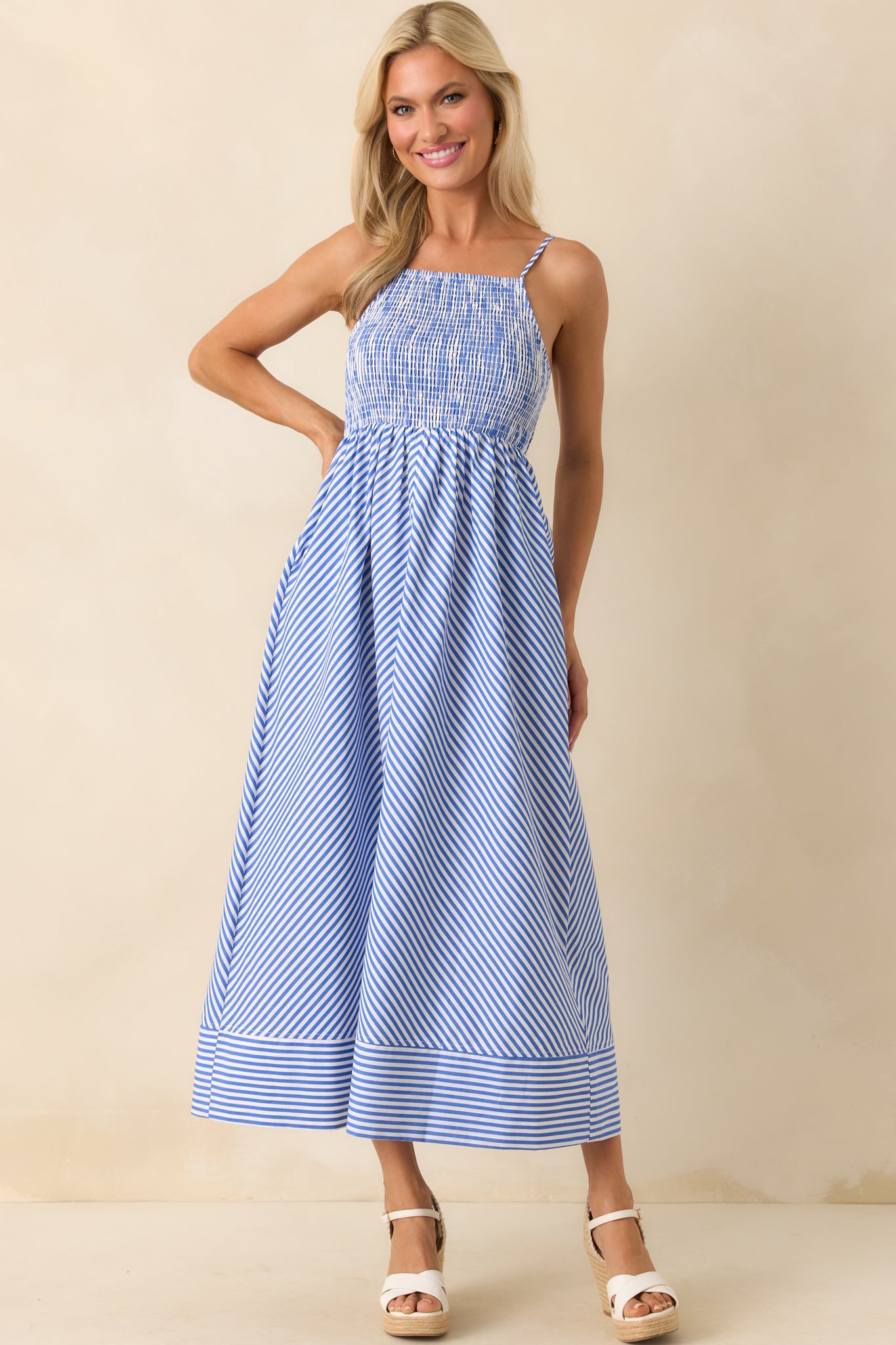 Staple The Label Mathilde Shirred Sundress In Blue Stripe | Red Dress Staple The Label Mathilde Shirred Sundress In Blue Stripe | Red Dress