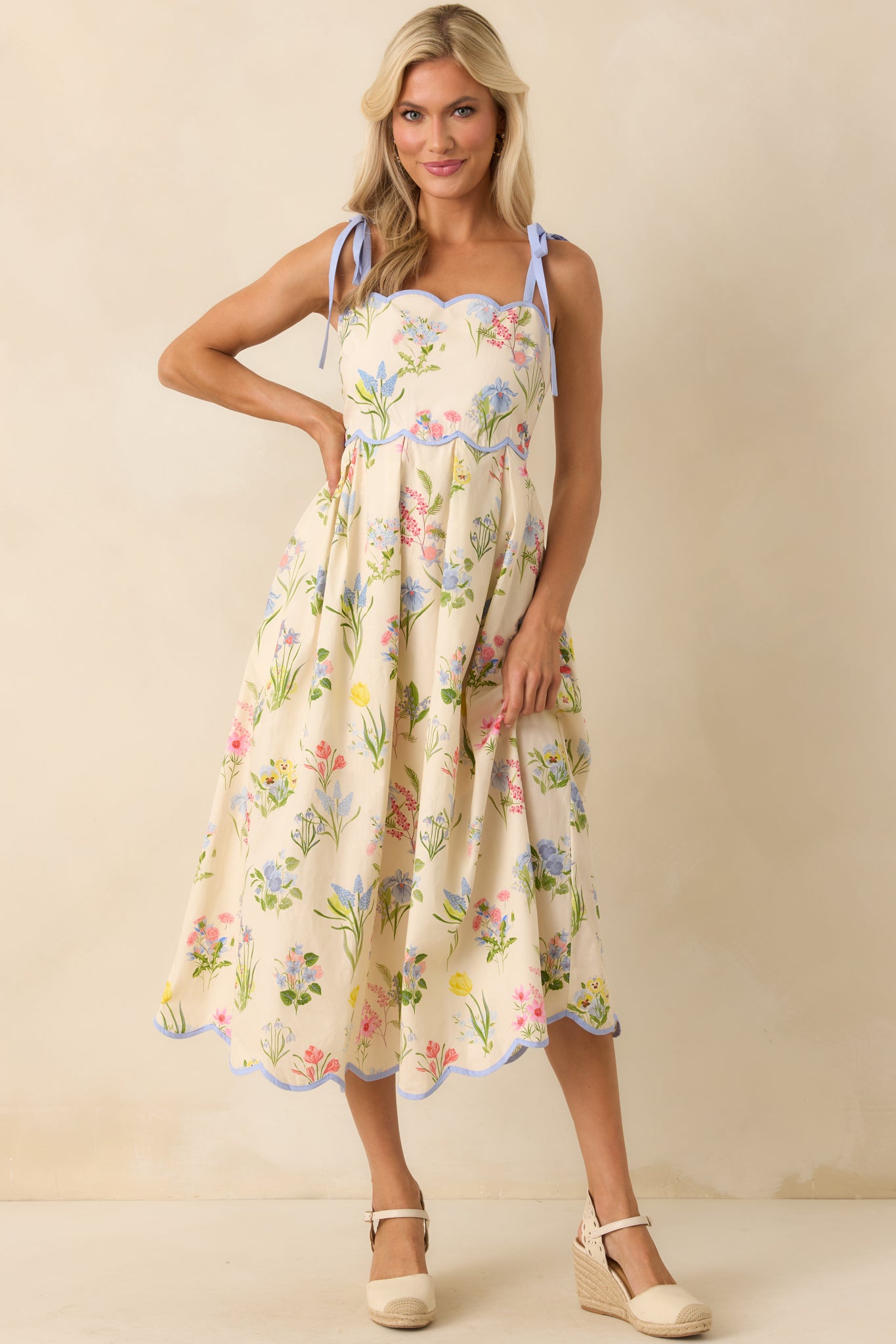 Ivory Floral Print Scallop Hem Midi Dress - Casual Dresses | Red Dress Ivory Floral Print Scallop Hem Midi Dress - Casual Dresses | Red Dress
