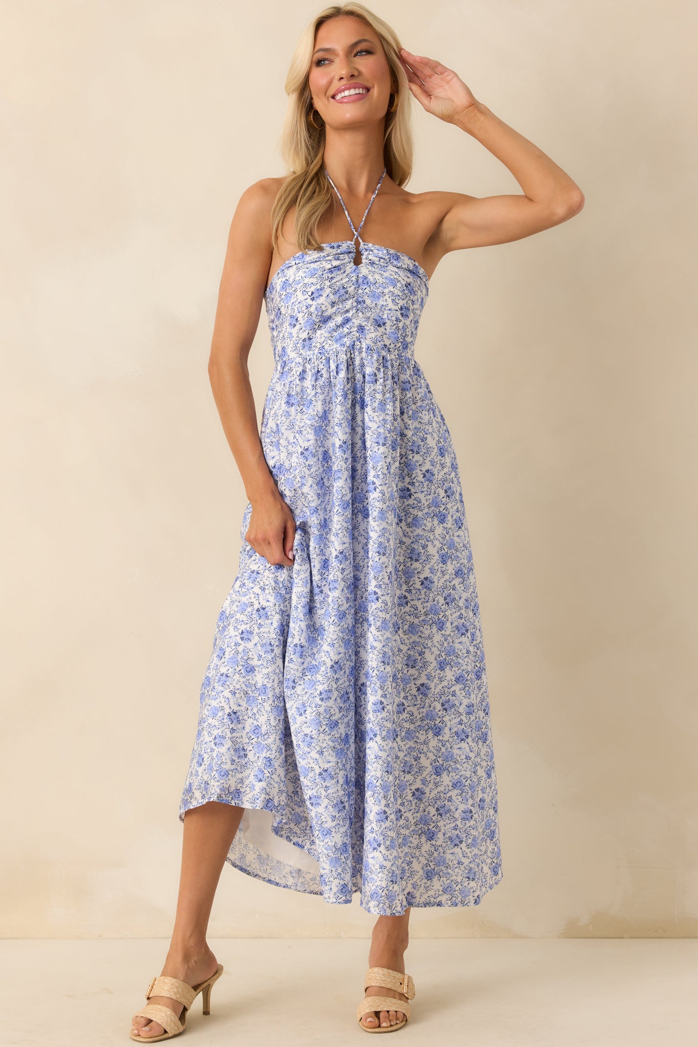 MINKPINK Evelyn Halter Midi Dress In Blue Floral Print | Red Dress MINKPINK Evelyn Halter Midi Dress In Blue Floral Print | Red Dress