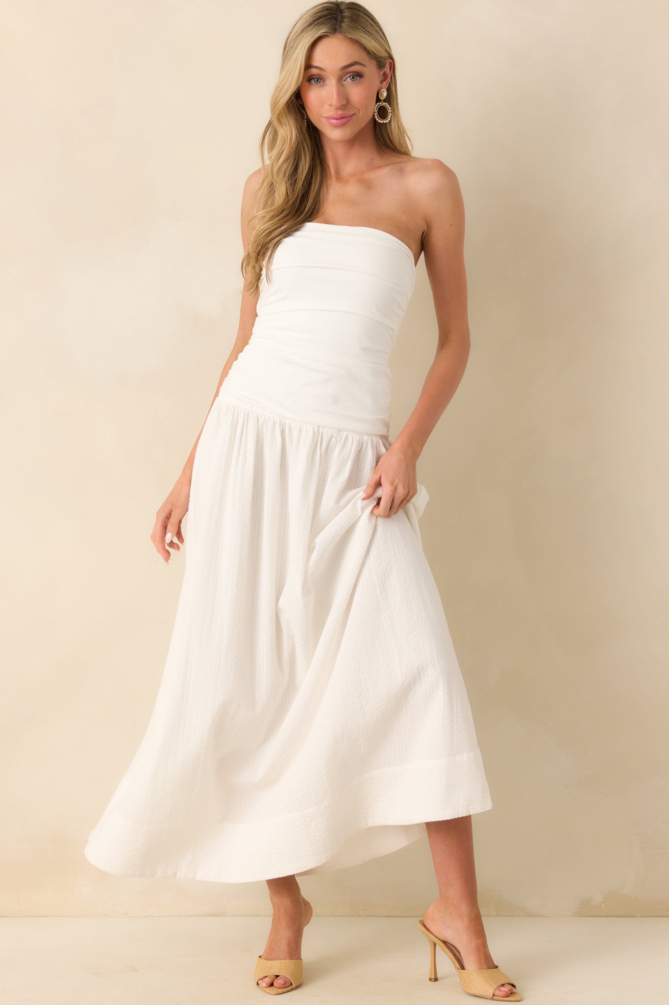 MINKPINK Luna Drop Waist Midi Dress In White Cotton | Red Dress MINKPINK Luna Drop Waist Midi Dress In White Cotton | Red Dress
