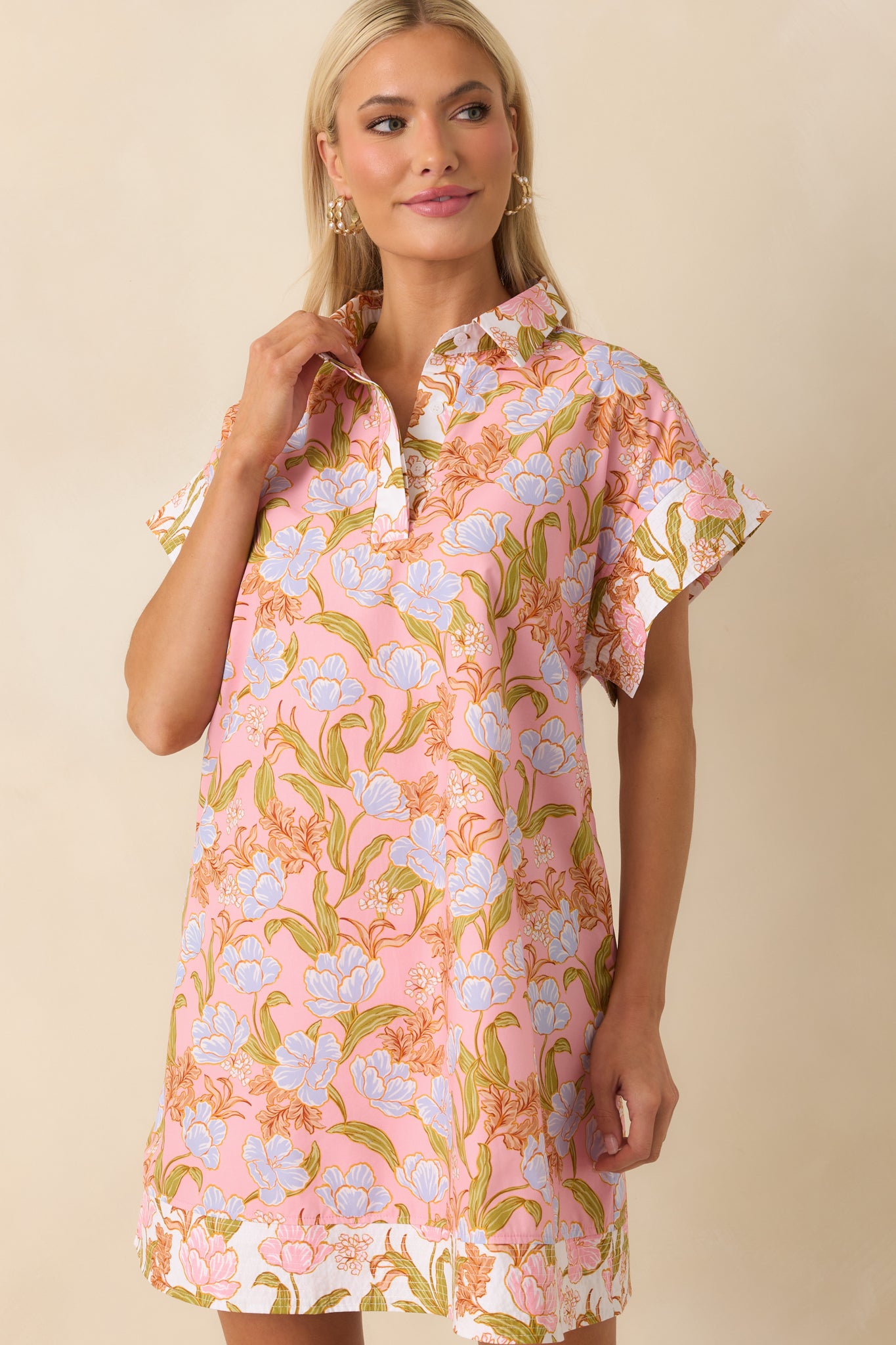 Pink Coral Floral Print Cotton Mini Dress - Shirt Dresses Pink Coral Floral Print Cotton Mini Dress - Shirt Dresses