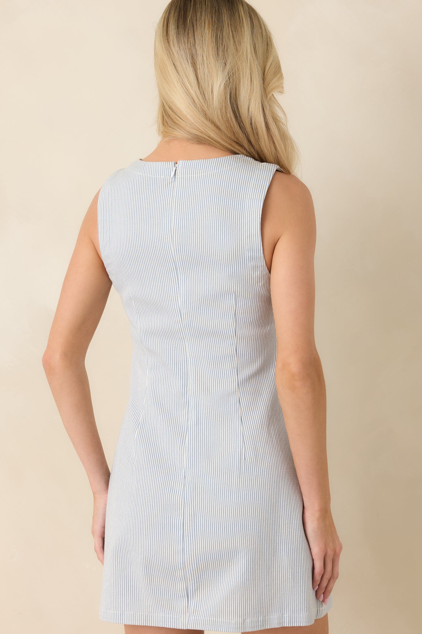 Rear view of the blue and white striped mini dress featuring a sleeveless cut and zipper closure.