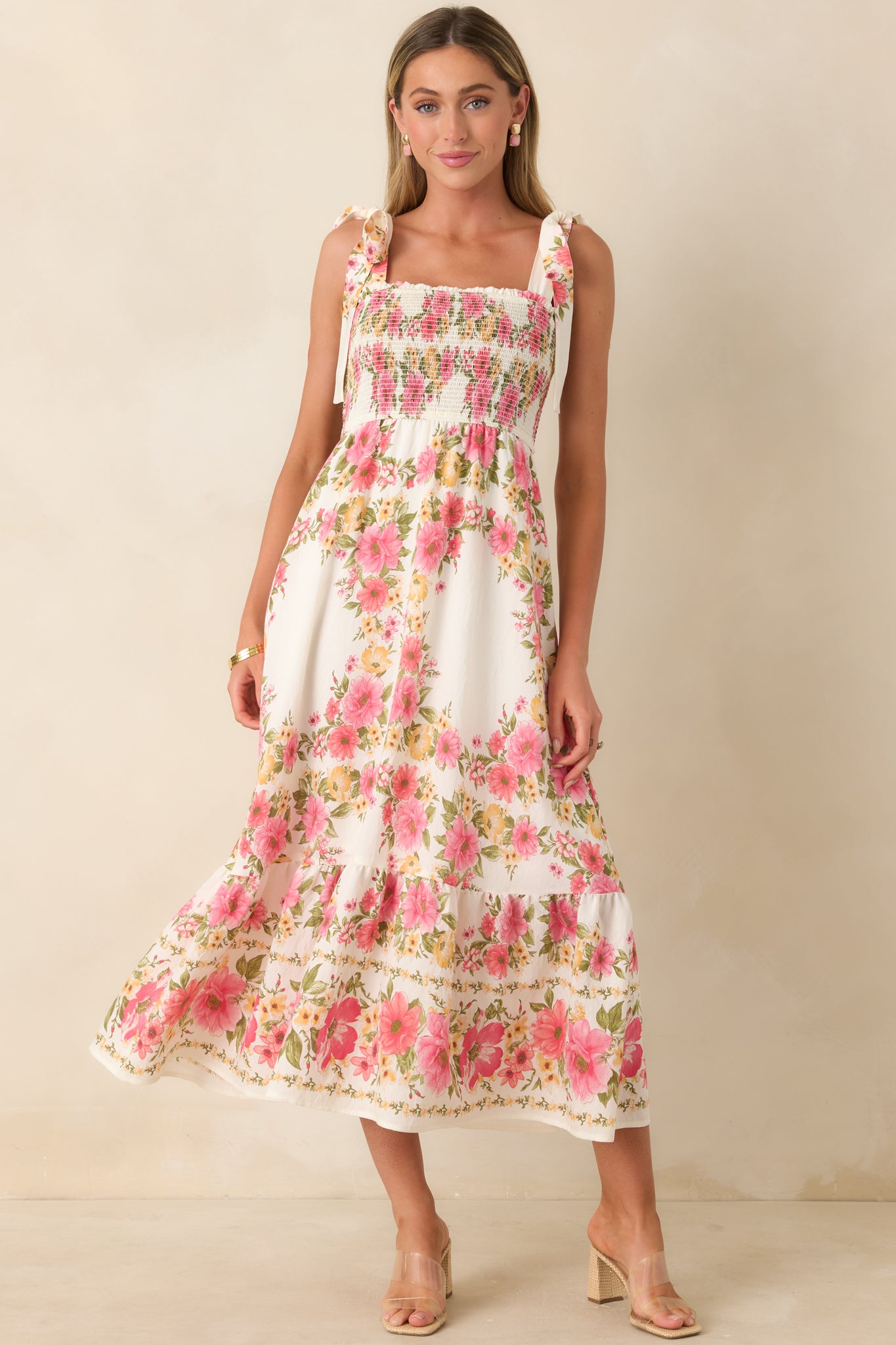 knee length dresses for ladies Flower Girl Energy Pink Multi Floral Smocked Tie Strap Midi Dress