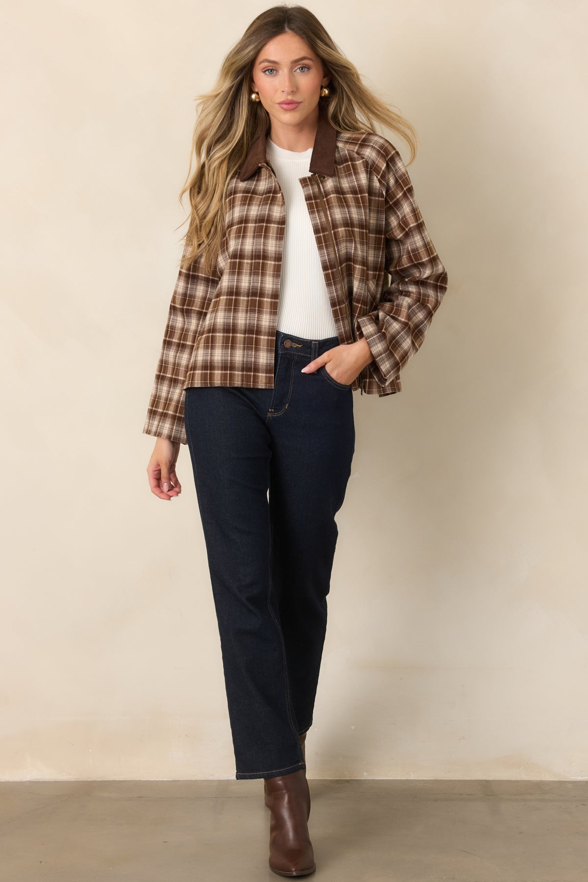 Winding Roads Brown Plaid Zip Up Jacket