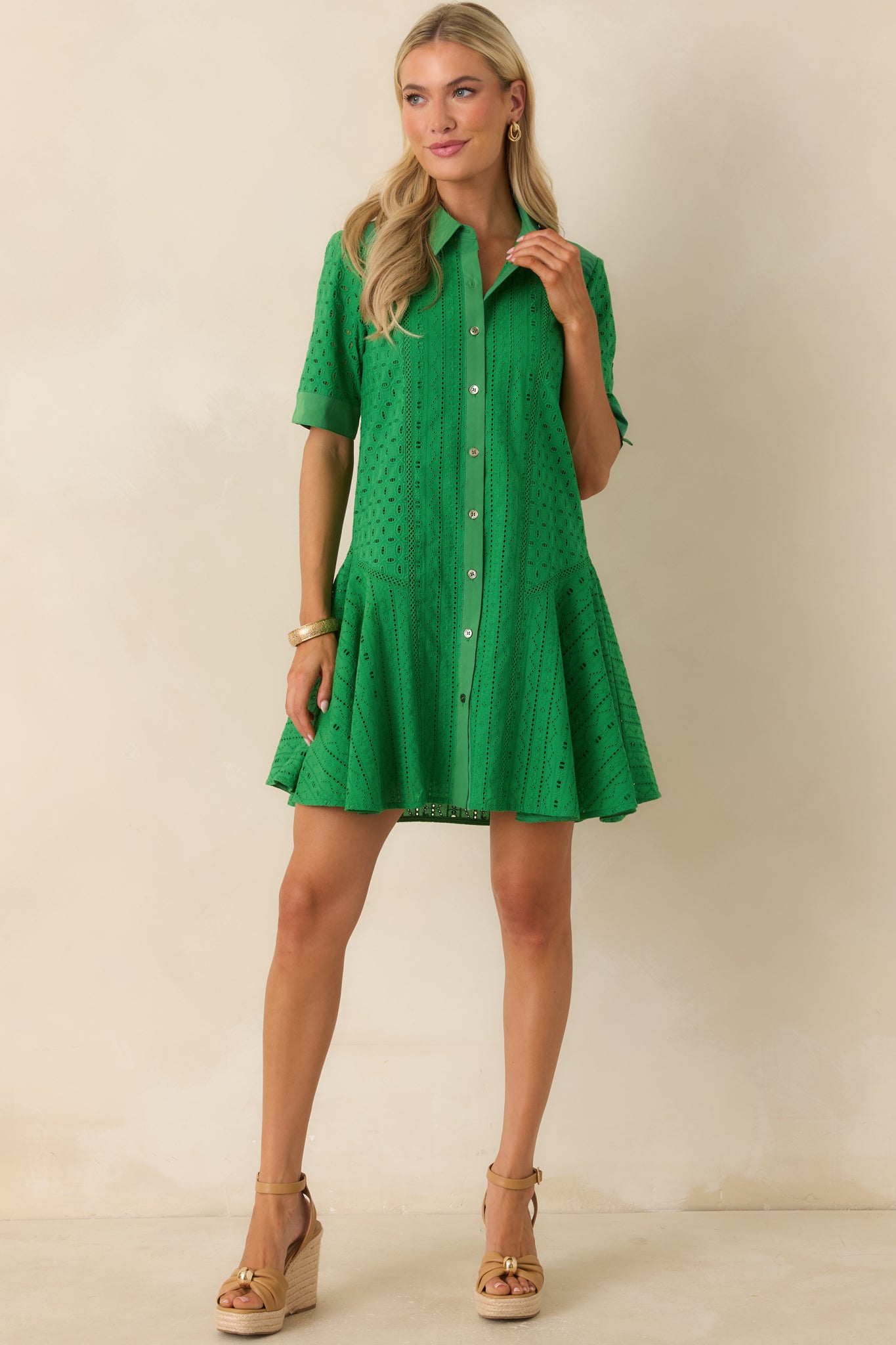green dress red shoes Red Dress | Green Cotton Eyelet Mini Dress
