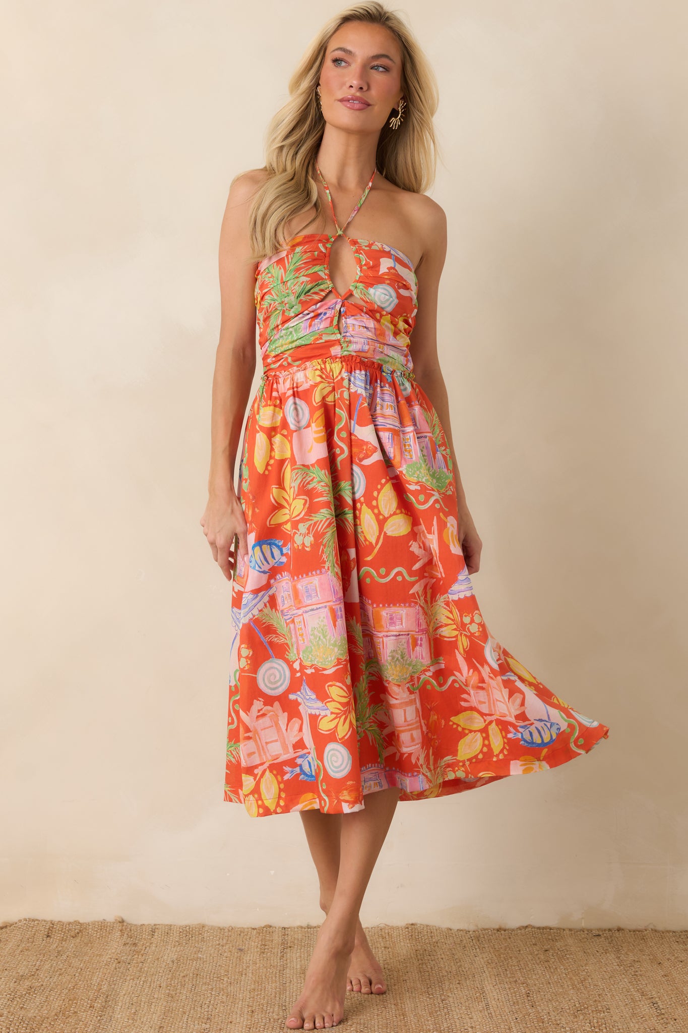Paradisa Fernandina Orange Multi Cotton Midi Dress Paradisa Fernandina Orange Multi Cotton Midi Dress