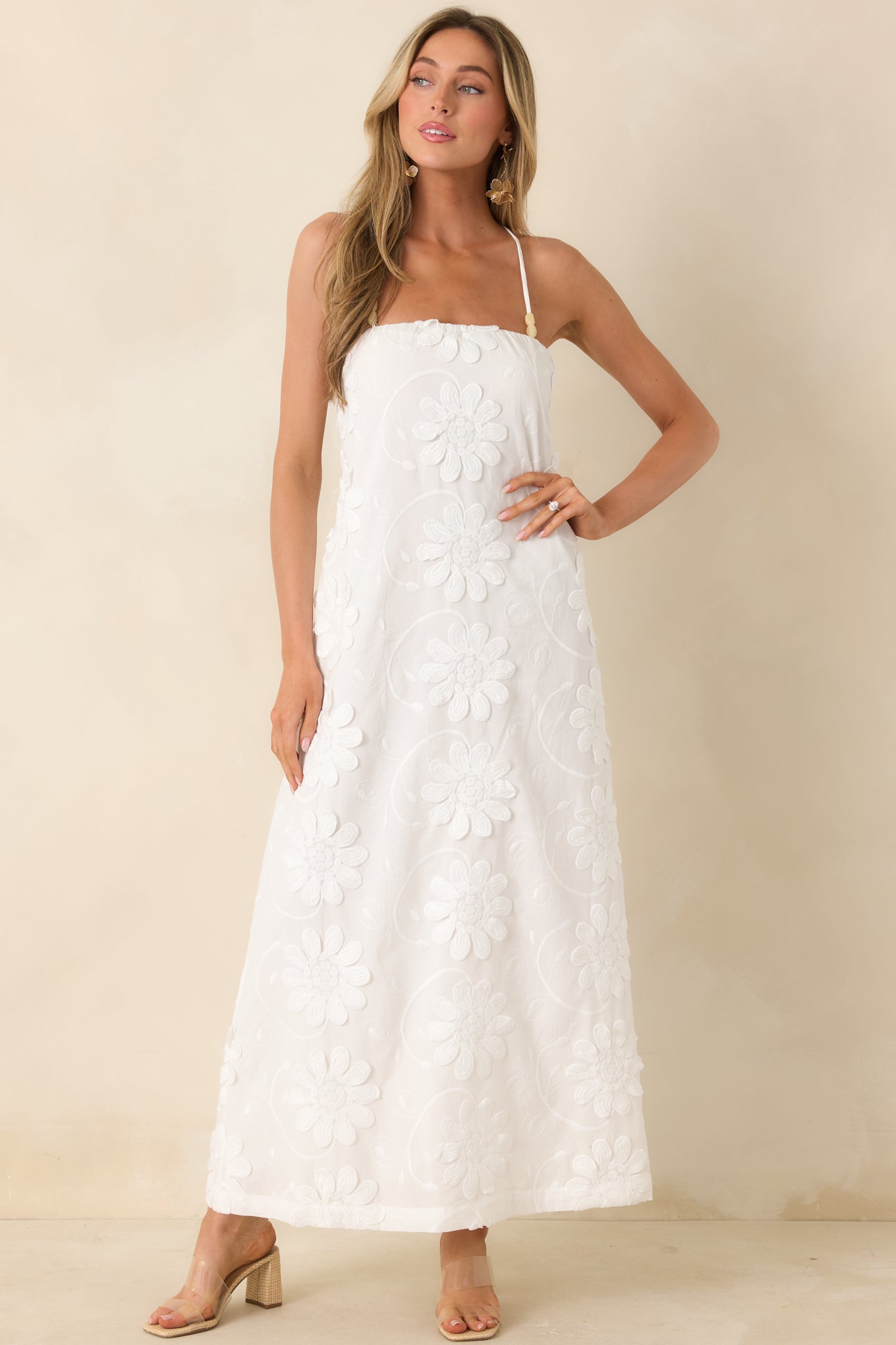 Full front view showcasing the soft cotton fabric, smooth lines, and elegant maxi length.