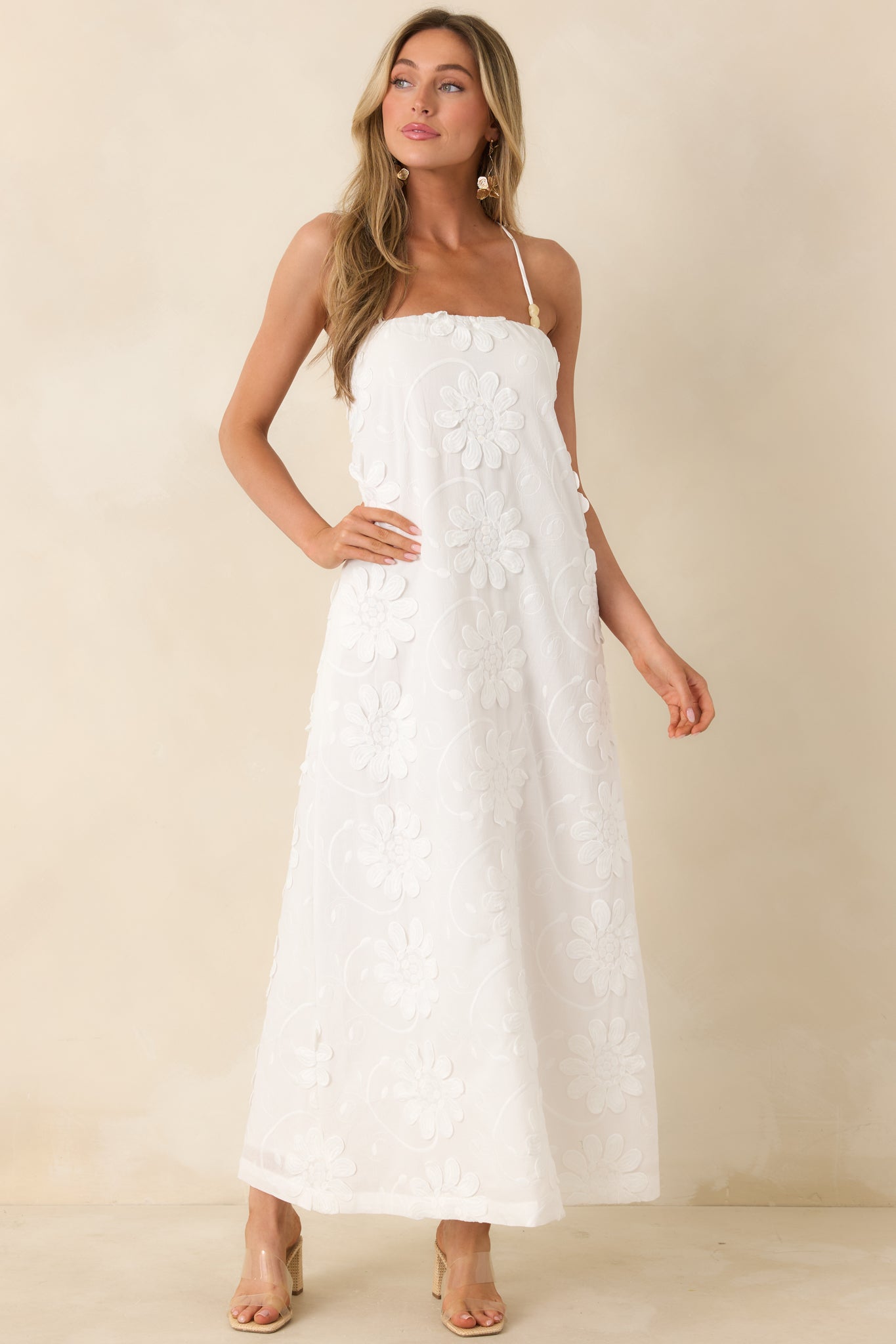 Slightly angled front view highlighting lightweight fabric and relaxed, airy fit of the maxi dress.