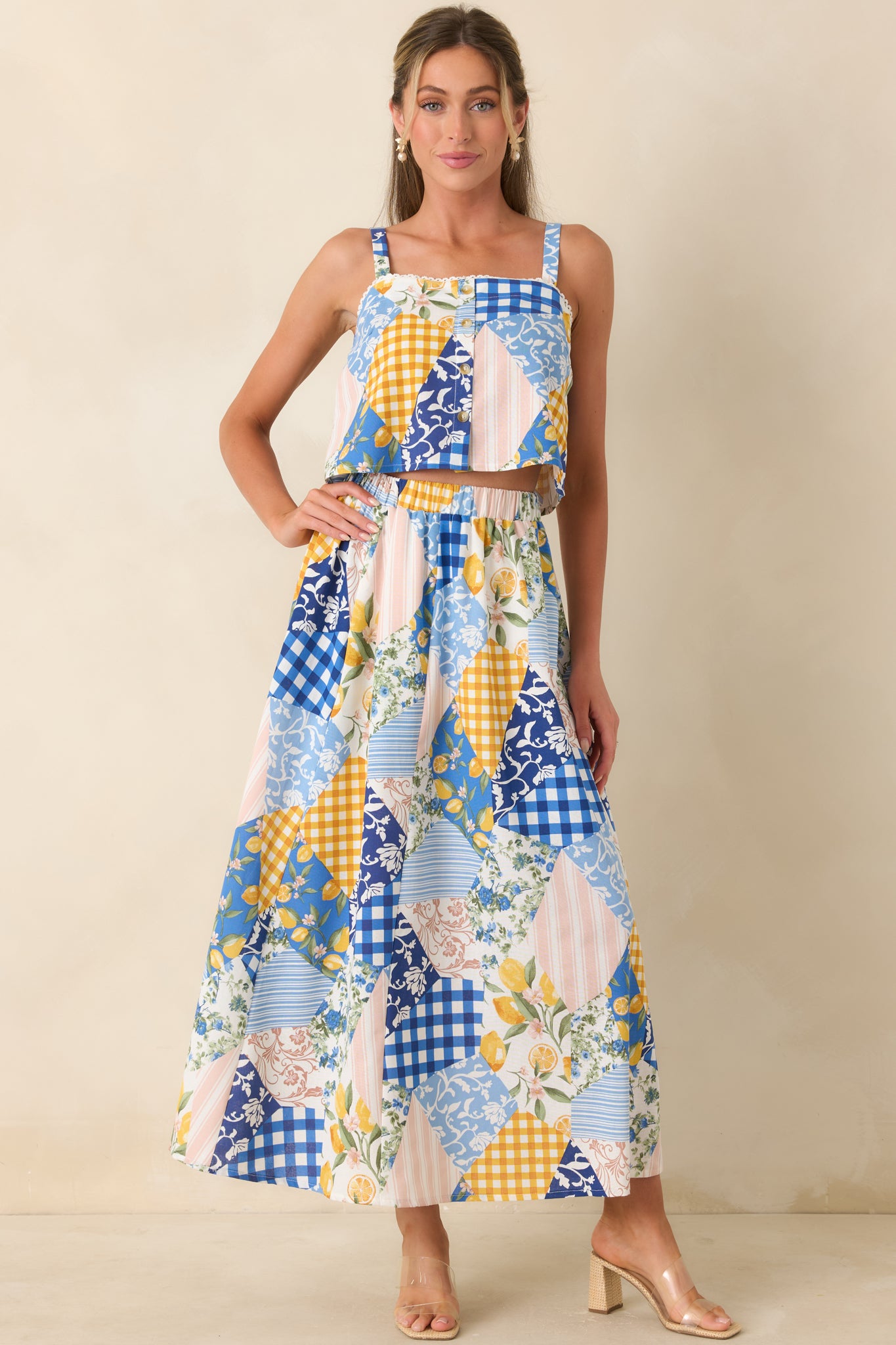 Patchwork print midi skirt featuring side pockets and a soft, easy drape.