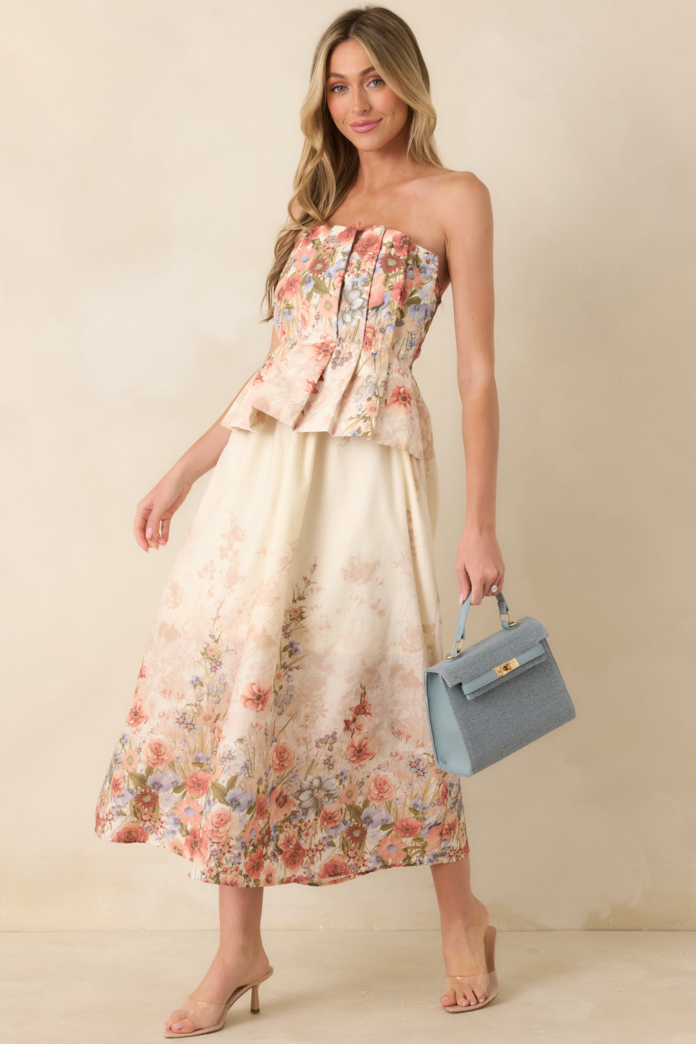 knee length dresses for ladies Red Dress | Pink Multi Floral Cotton Strapless Midi Dress