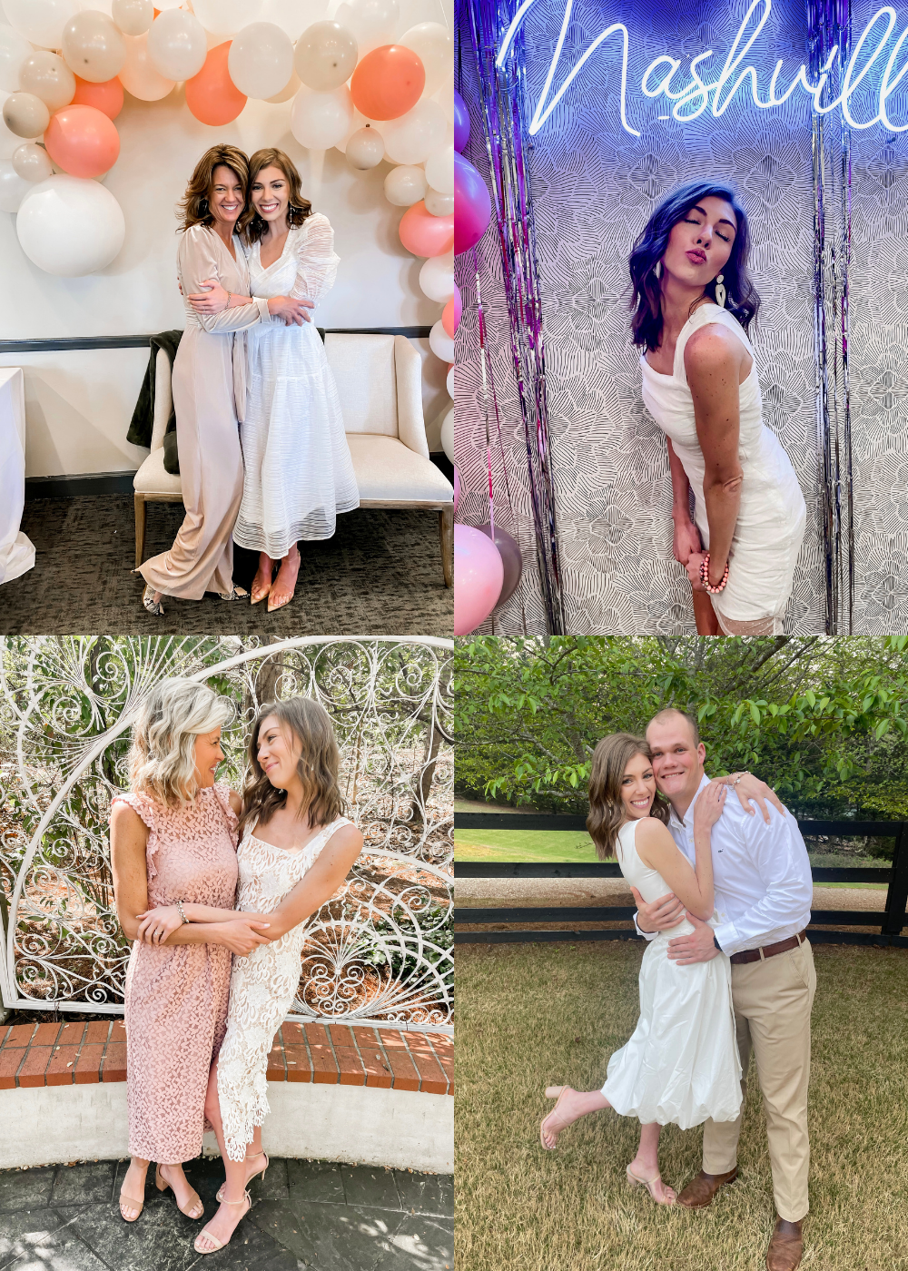 Collage of four photos featuring people in various settings with balloons and a neon sign.