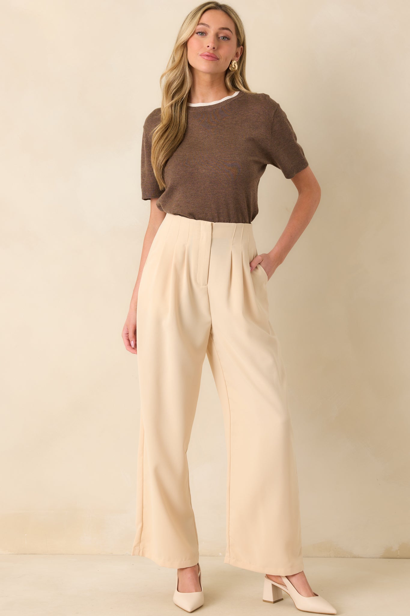 Front view of beige pants featuring a fitted waistband, high-waisted design, hook and zipper closure, slight pleats in the leg, functional hip pockets, and a wide leg.