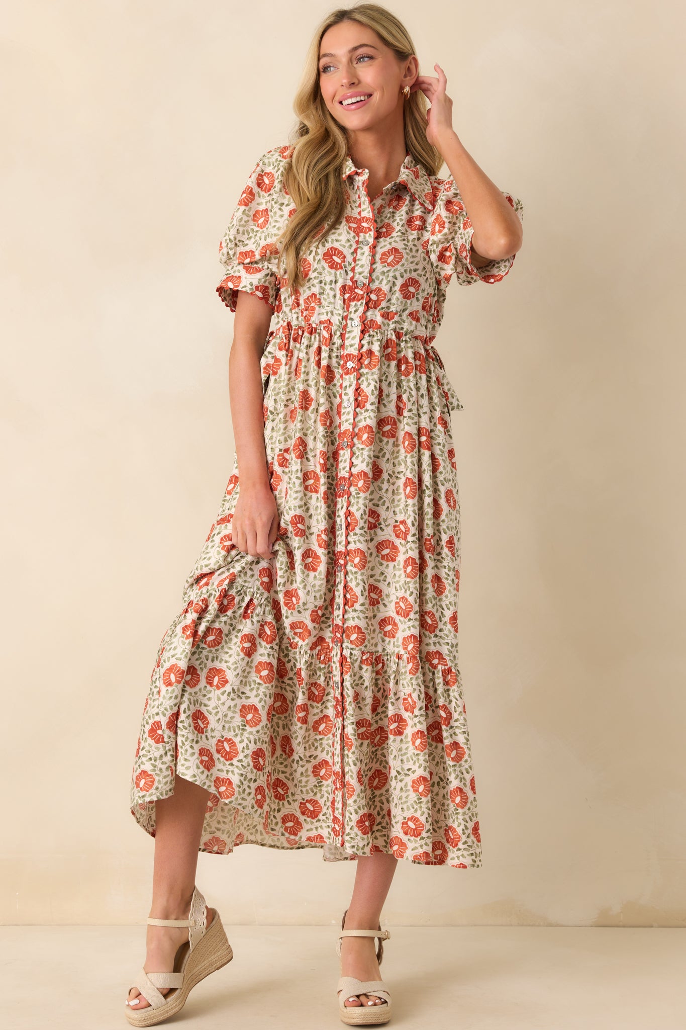 Burnt Orange Floral Print Maxi Dress - Shirt Dresses | Red Dress Burnt Orange Floral Print Maxi Dress - Shirt Dresses | Red Dress