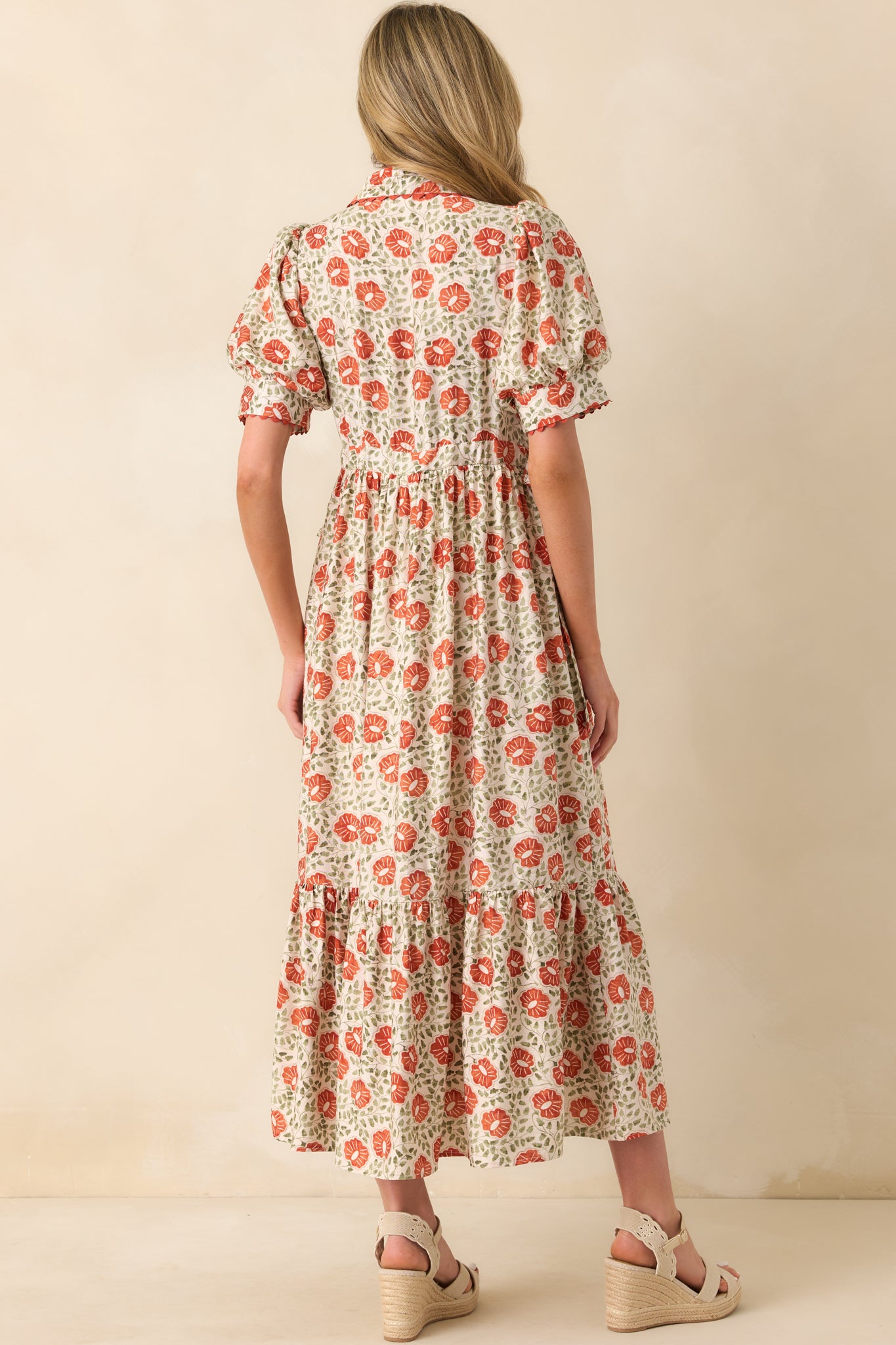 Back view of the dress showing the continuation of the floral print and the adjustable waist ties.