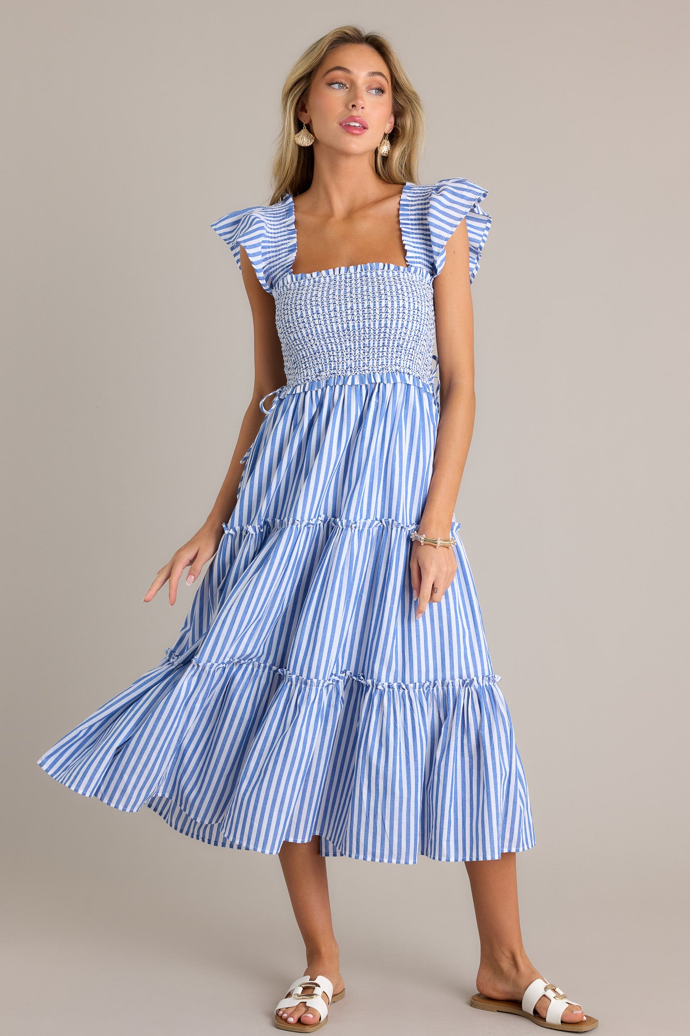 Bayside Stroll 100% Cotton Blue Stripe Smocked Midi Dress Bayside Stroll 100% Cotton Blue Stripe Smocked Midi Dress