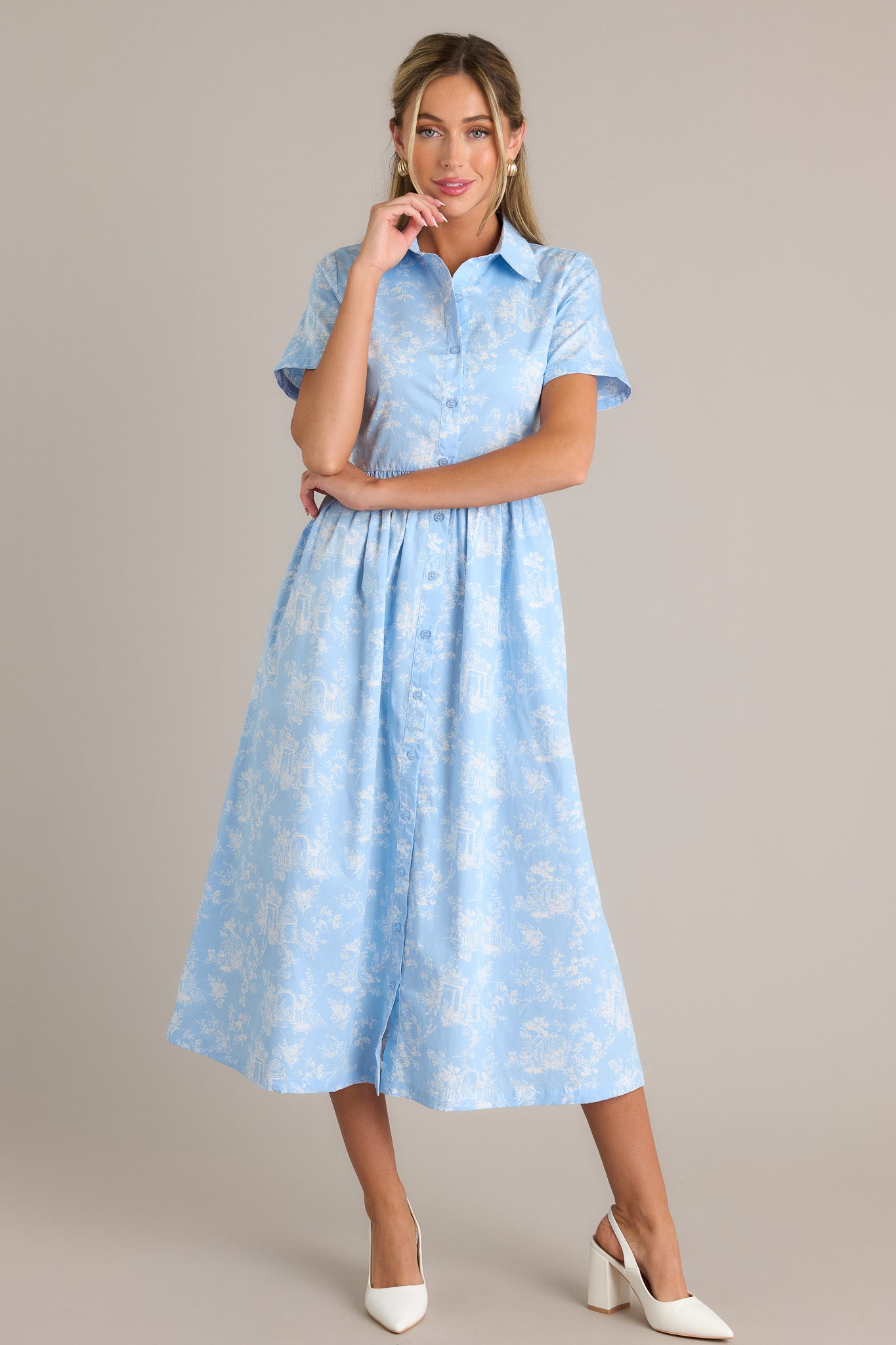 100% Cotton Light Blue Toile Midi Dress