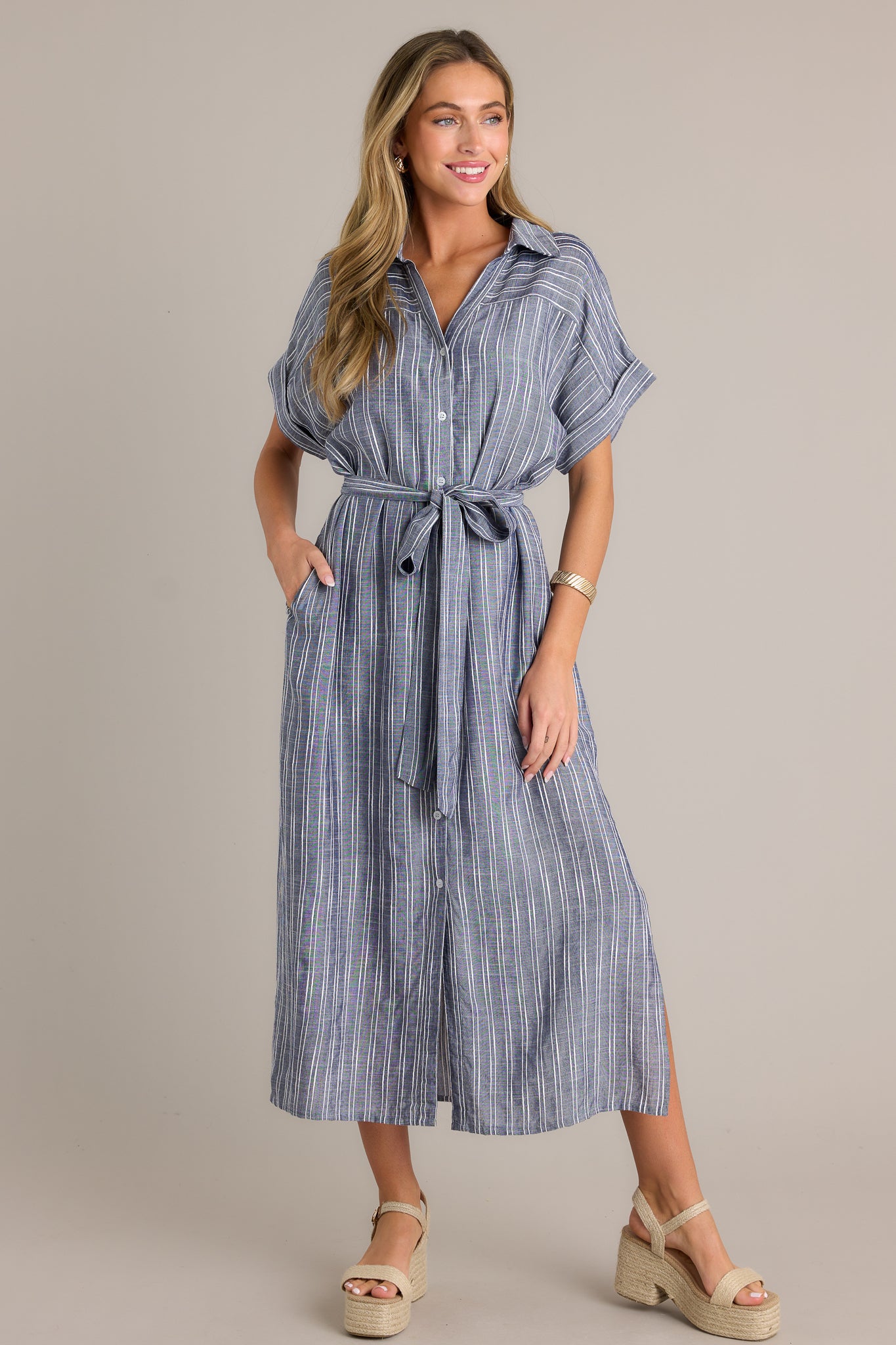 Blue Stripe Midi Shirt Dress- All Dresses | Red Dress Blue Stripe Midi Shirt Dress- All Dresses | Red Dress