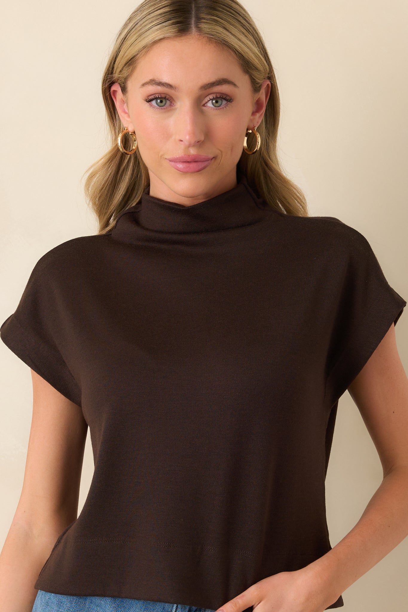 Cropped front view focusing on the roll mock neckline and smooth texture of the fabric.