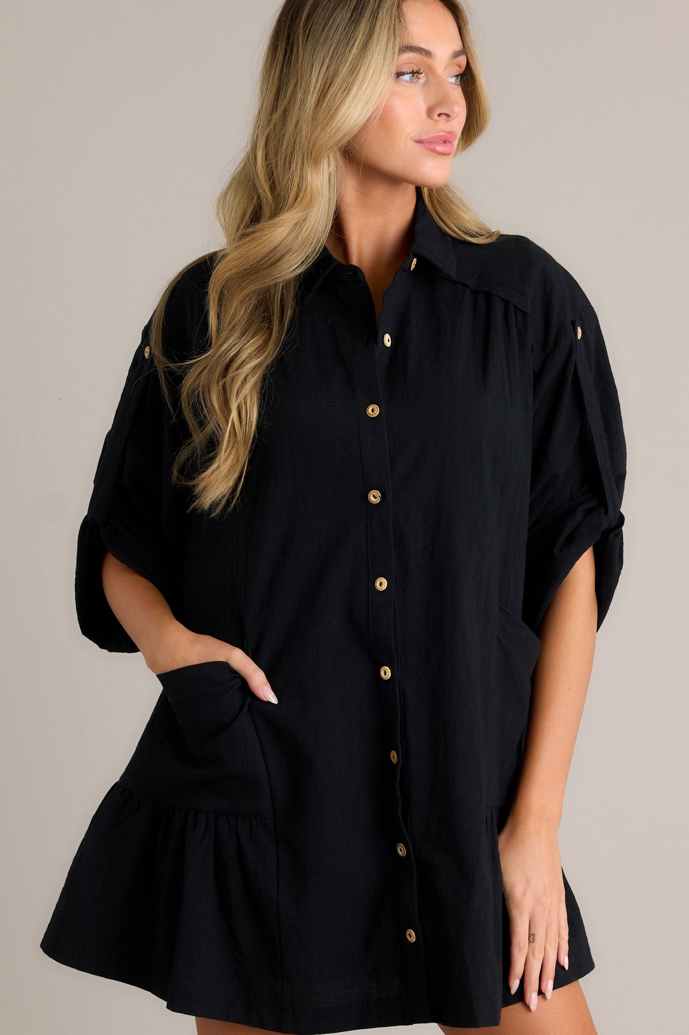 100% Cotton Black Button Front Mini Dress - All Dresses | Red Dress 100% Cotton Black Button Front Mini Dress - All Dresses | Red Dress