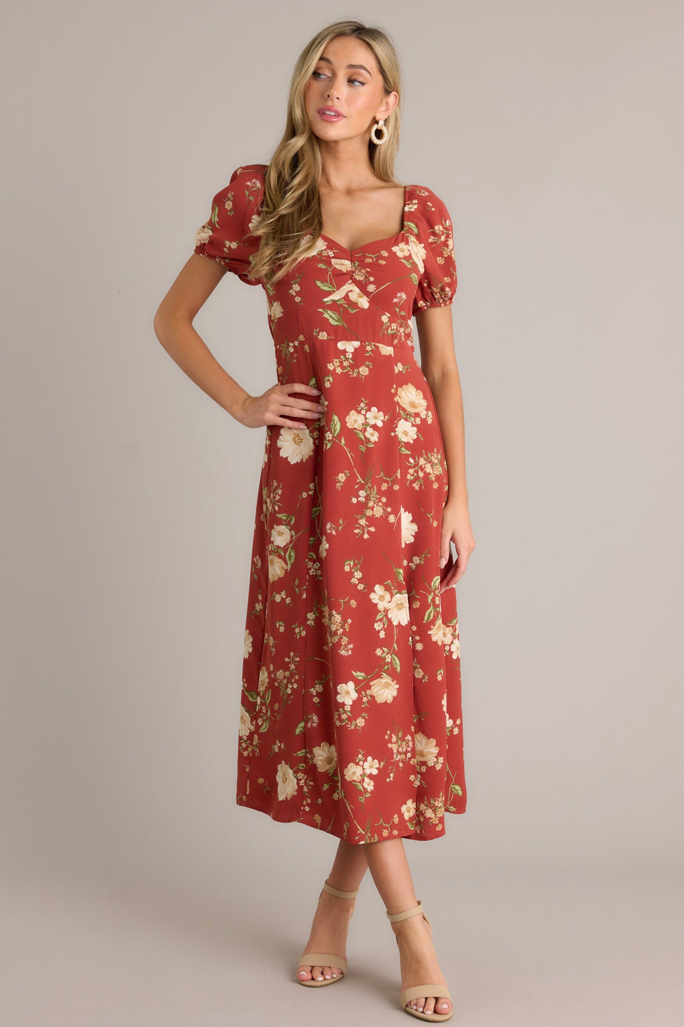 Wish You Were Here Burnt Orange Puff Sleeve Midi Dress Wish You Were Here Burnt Orange Puff Sleeve Midi Dress