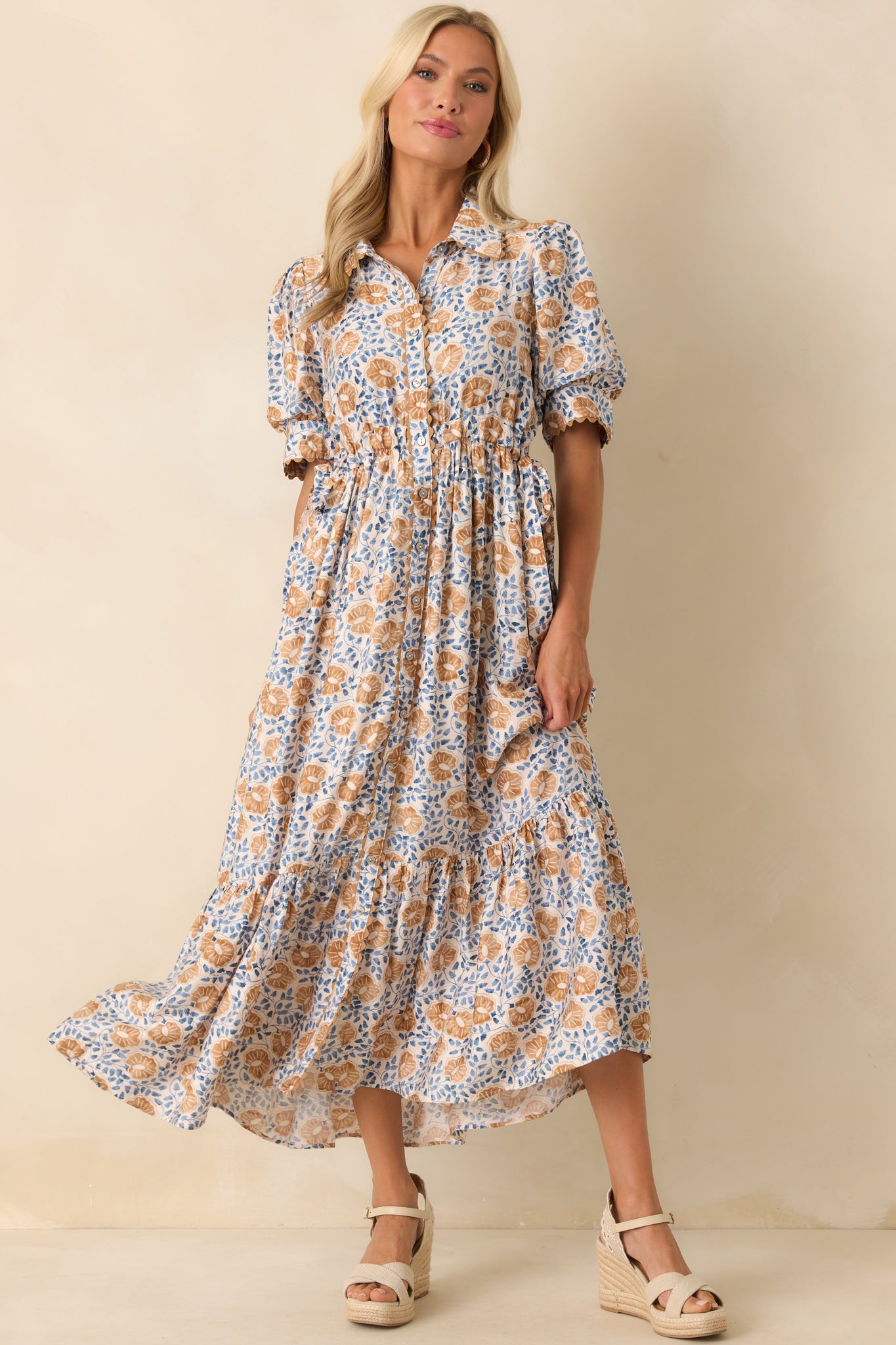 Front-facing angle of the collared floral dress, highlighting the button front and scalloped trim accents.
