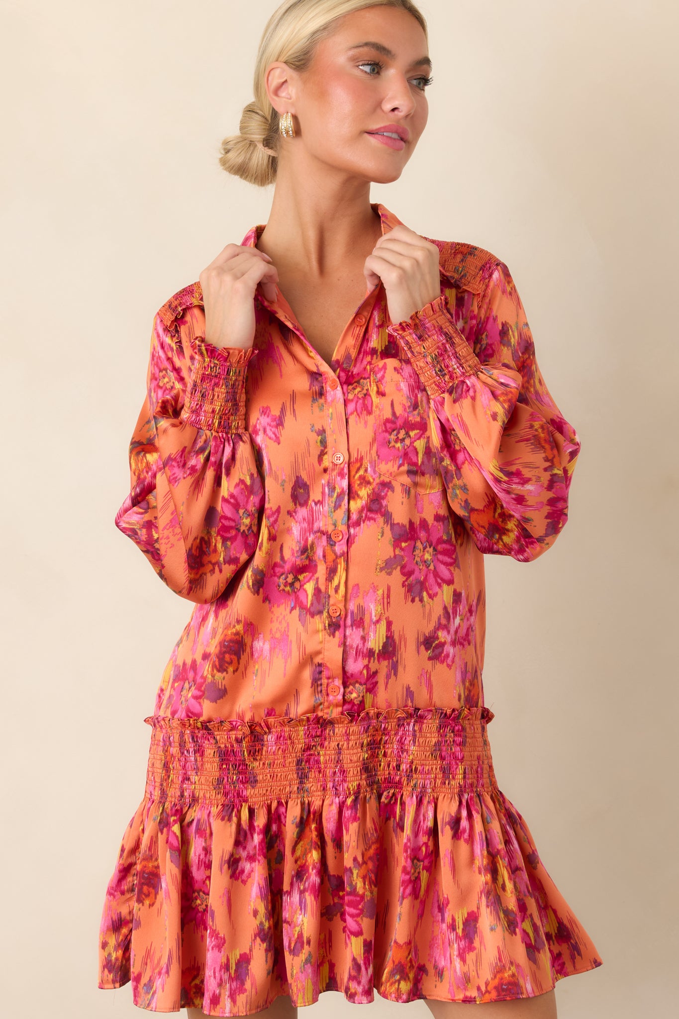 Impossible to Miss Orange Multi Floral Satin Mini Dress