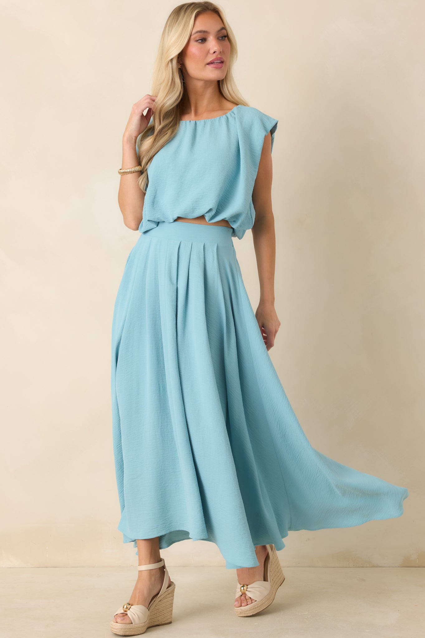 Red Dress | Light Blue Blouson Crop Top